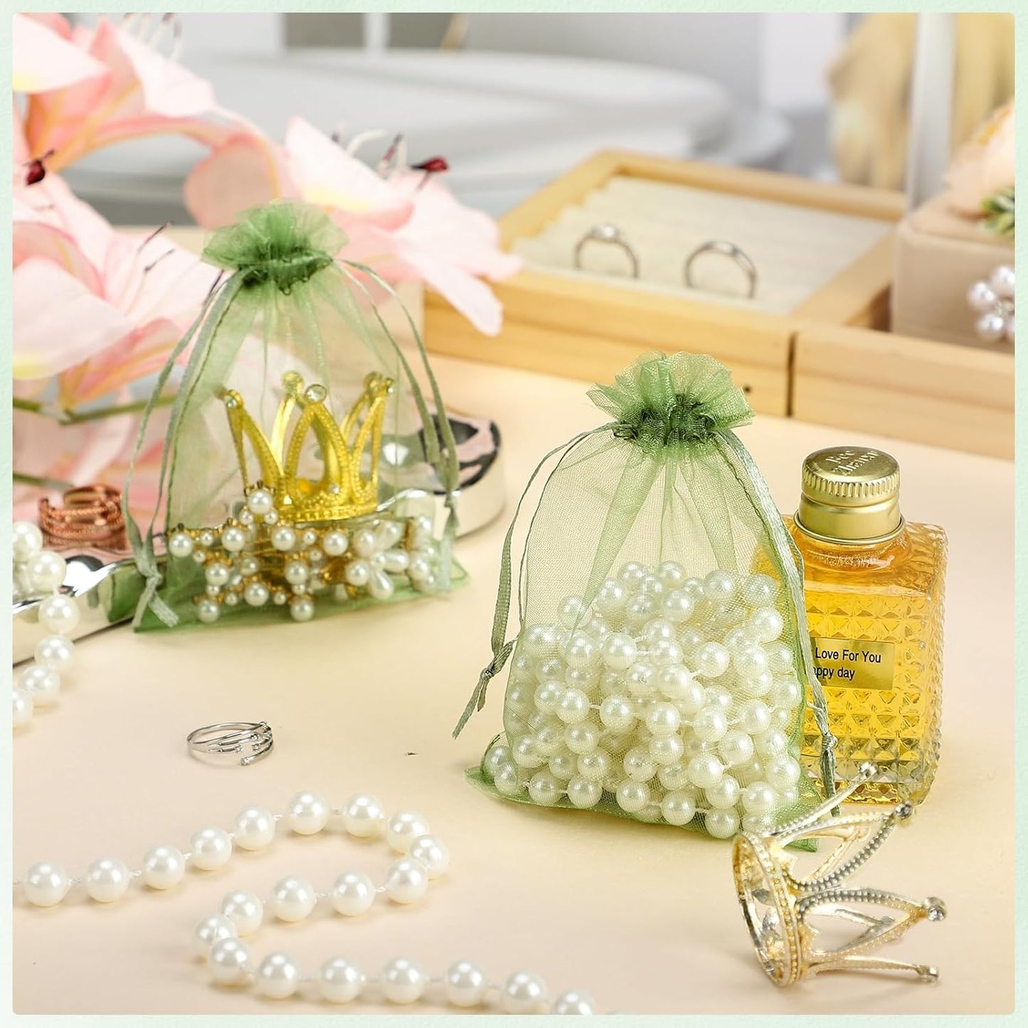 120PCS Sage Green Small Drawstring Bags 3.5x4.7 Inch Organza Bags Mini Mesh Gift Jewelry Pouches Candy Bag for Wedding Bridal Shower Baby Shower Birthday Party Favor