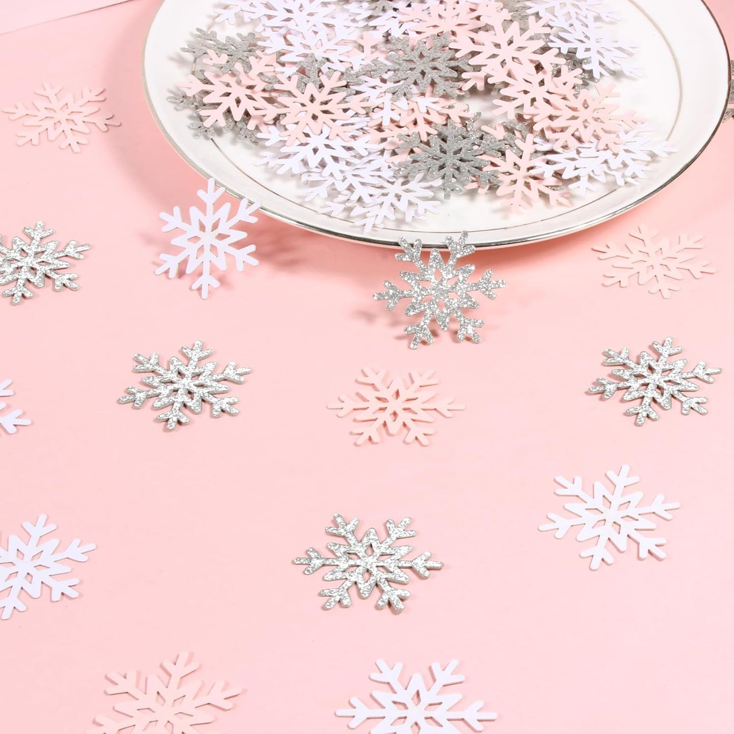 200PC White Pink Silver Snowflake Confetti for Winter Wonderland Decorations Small Snowflakes Table Scatter for Winter Onederland Christmas Birthday Baby Shower Party Table Decor Supplies