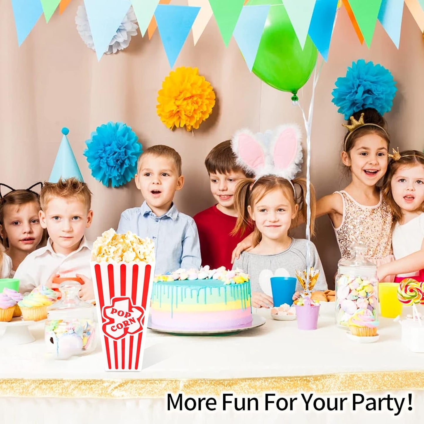 Plastic Popcorn Containers Red & White Striped Retro Style Reusable Popcorn Boxes for Movie Night 4”x8” (4 Pack)