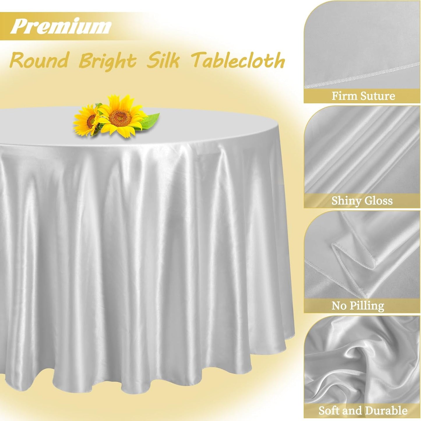 12 Pack 108 Inch Silver Satin Tablecloth - Premium Bright Silky Round Tablecloth Overlay Smooth Fabric Table Cover, Table Decoration for Wedding Party Banquet Events Restaurant Kitchen Dining
