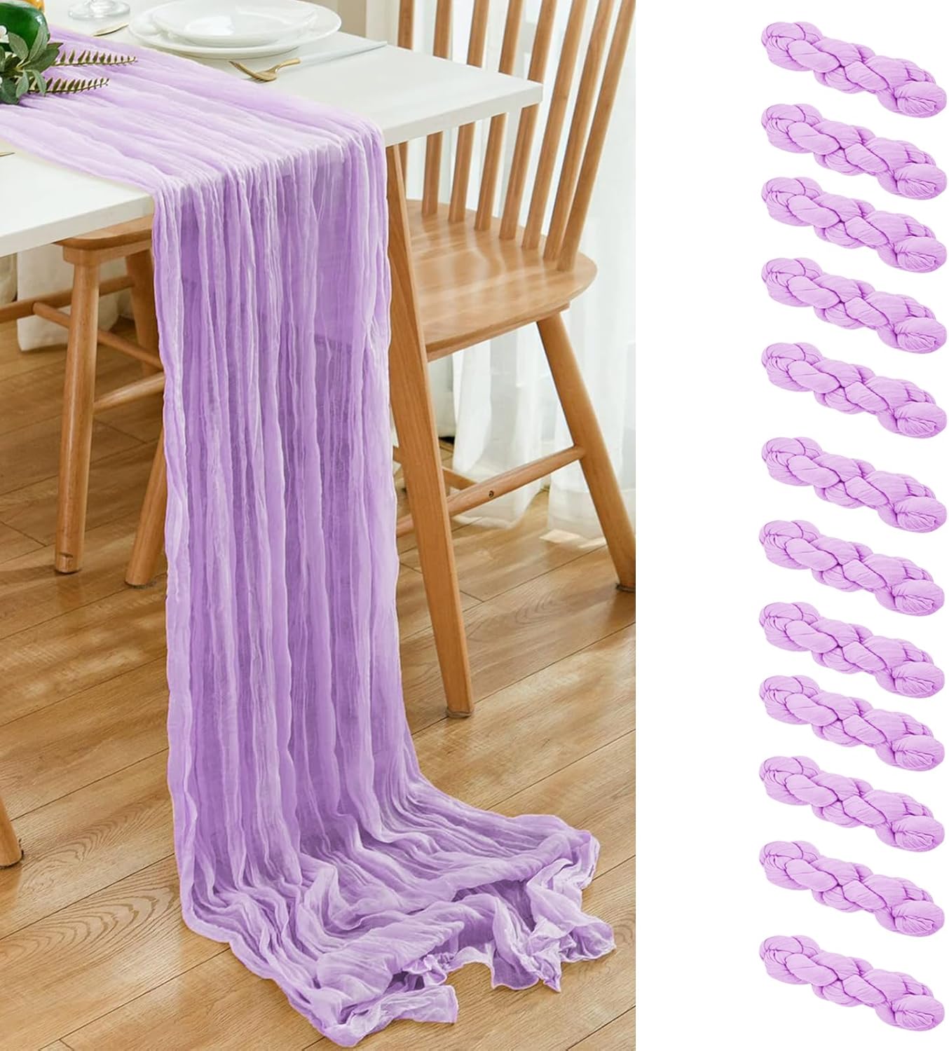 12 Pack Lavender 10 Ft Cheesecloth Table Runner 20x120 Inch Boho Wrinkled Sheer Romantic Gauze Decor for Wedding, Bridal Shower, Birthday Party