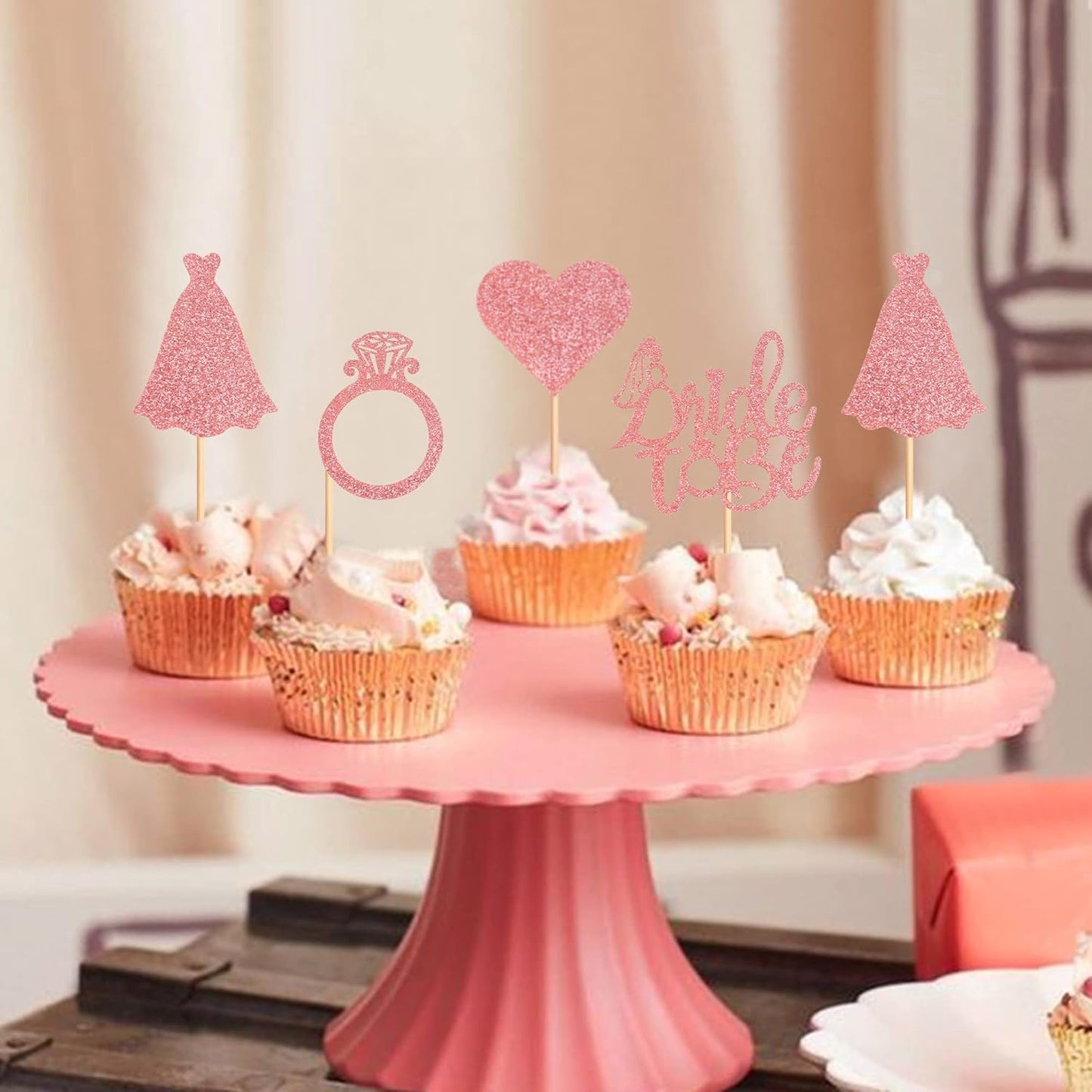 Pack of 24 Bride to Be Cupcake Toppers with Heart Ring Dress Bridal Shower Cupcake Picks Wedding Engagement Bachelorette Party Cake Decorations Supplies - Rose Gold Glitter