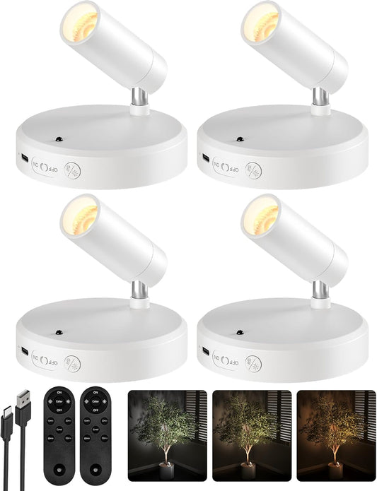 EZVALO Spot Lights Indoor,5500mAh Rechargeable Plants Spotlights with Remote,Wireless Mini Art Accent Spot Lights with Timer＆Dimmable, 3CCT, Uplights Indoor for Plants,Display,Artwork(4Pack-White)