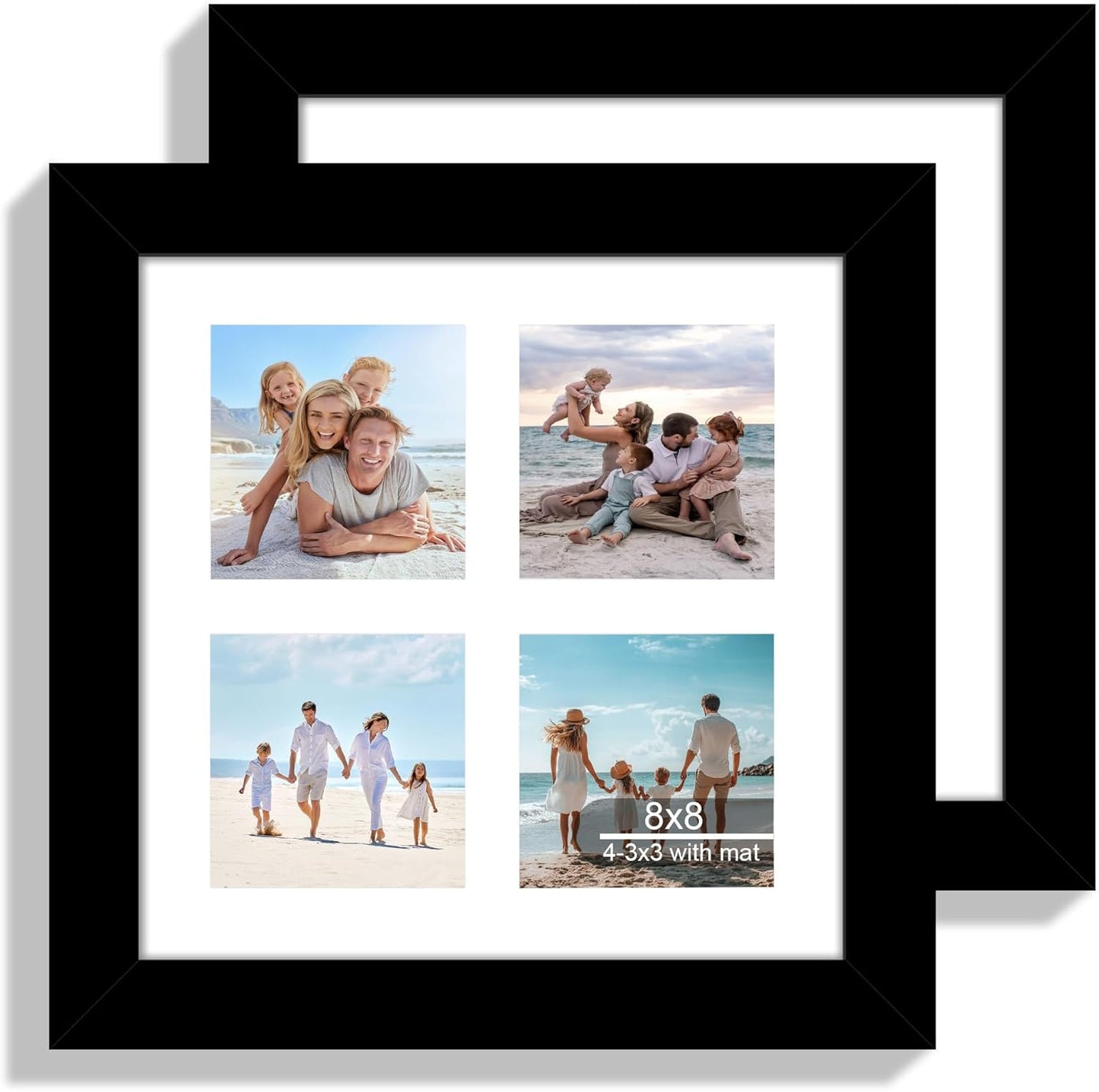 8x8 Picture Frame Set of 2, with Glass and Black Wood Frames, Display Collage Four Opening 3x3 With Mat or 8 x 8 Without Mat for Wall Hanging or Tabletop