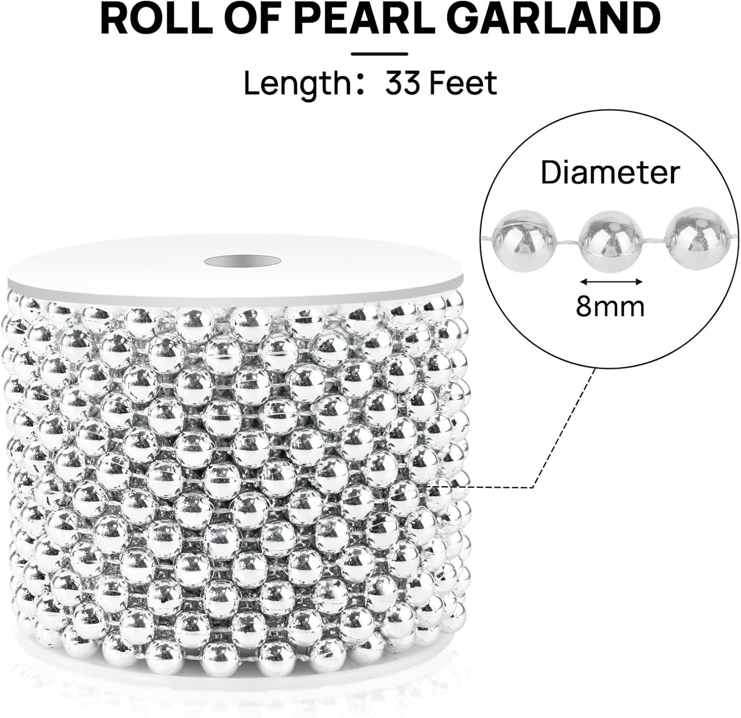 Craft String Pearls 8MM Pearl Bead, 33 Feet Silver Faux Pearl Garland Spool Roll Strand Wedding Party Decoration, Christmas Tree Decorations
