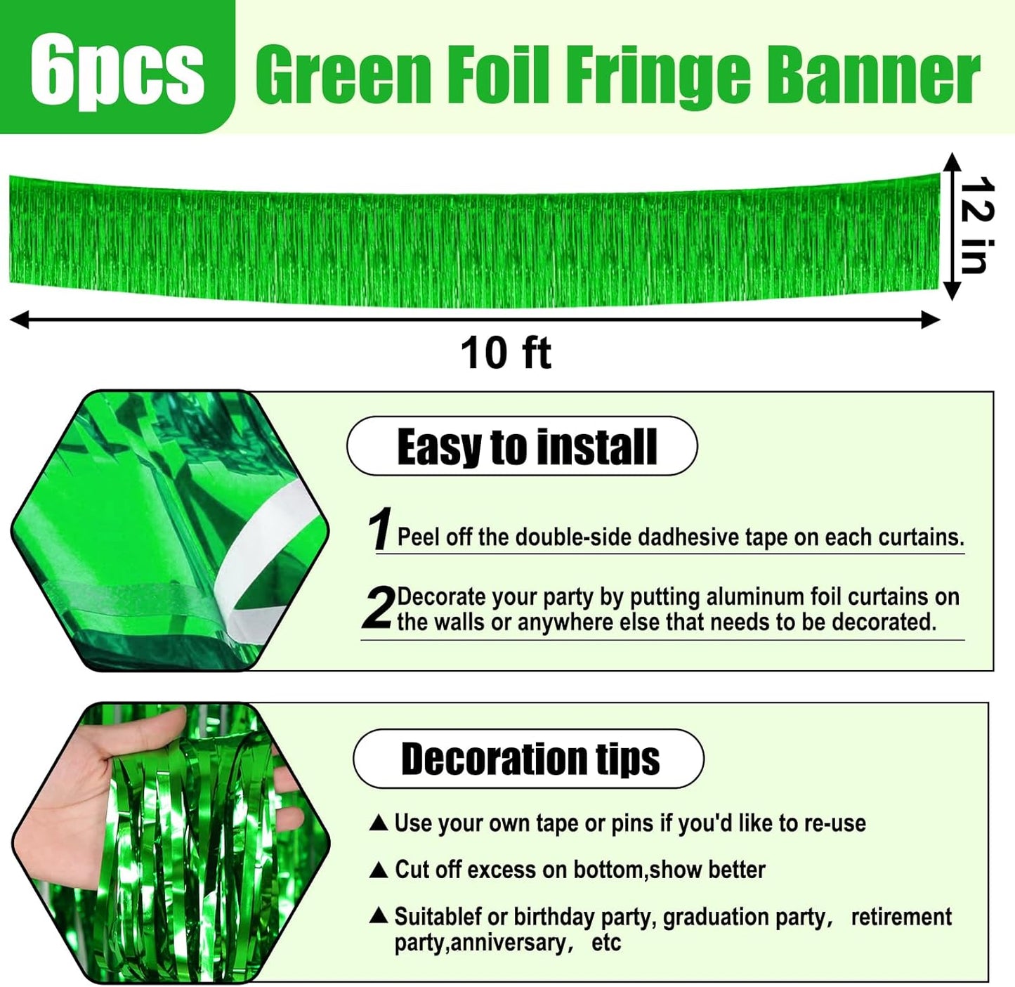 6 Pack 10 Feet Green Foil Fringe Garland Metallic Tinsel Streamers Banner Wall Hanging Curtain Backdrop for Parade Floats, Birthday, Graduate, Mother's Day, Wedding Party Decoration
