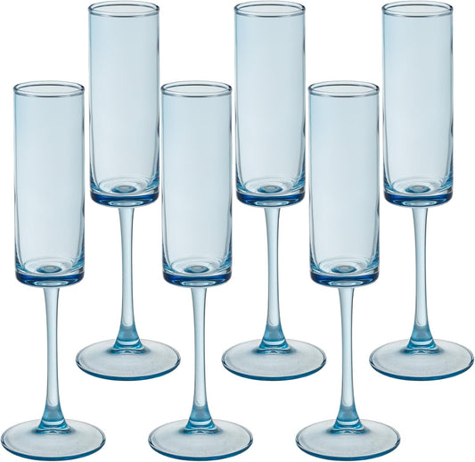 6 Pieces Blue Champagne Flutes 6 OZ Straight Sided Wine Glasses Champagne Long Stem Drinking Colored Glasses,Set of 6 Hand Blown Champagne Flutes Goblets for Wedding Cocktail Cups,Cava, Prosecco
