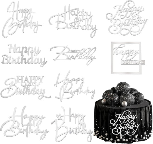 10 PCS Silver Happy Birthday Cake Topper Mirror Acrylic Cake Toppers Double-Sided Glitter Birthday Decorations for Girls Women's Party Supplies