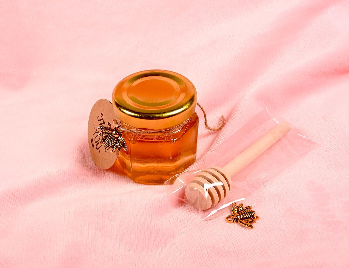 Adabocute Mini Honey Jars - Honey Pot With Honey Dipper, Bee Pendants, Jutes, Tags and Gold Organza Bags - Perfect For Baby Shower Favors, Party Favors and Wedding Favors, 40 Pack 1.5oz