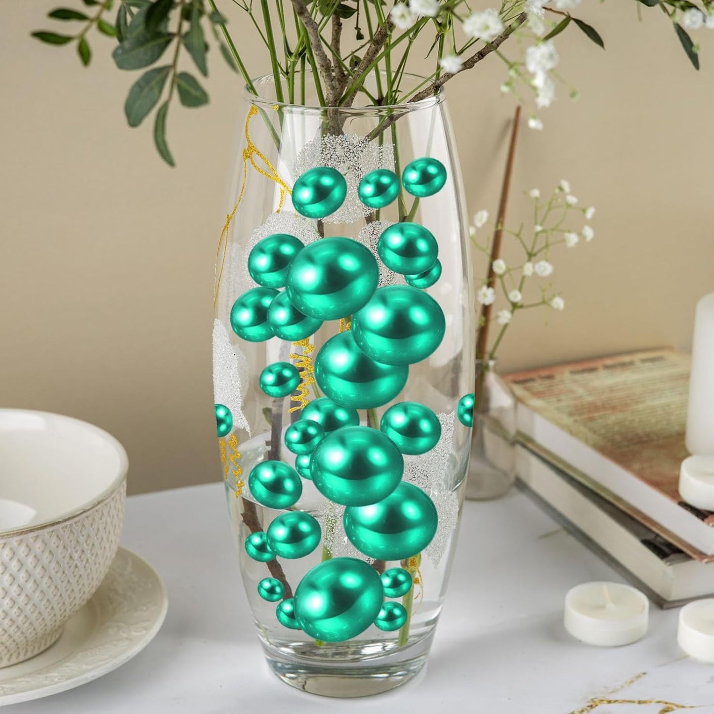 100PCS Green Faux Pearls Beads for Centerpiece Vases, Vase Filler Faux Pearls, No Holes Filler Beads for Party Anniversary Birthday Wedding Table Decor, 14/20/30mm