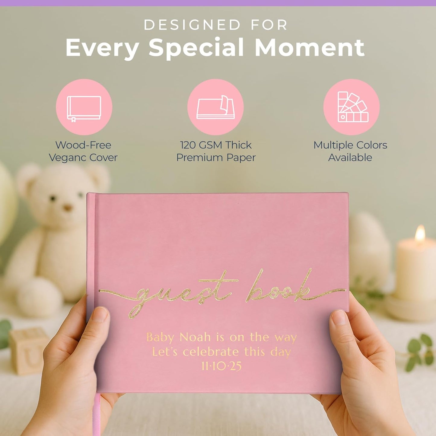 Promot Personalized Guestbook for Party (Pastel Pink) - 110 Lined Pages in Wood-Free Vegan Leather Hard Cover - Wedding Guest Book Sign in and Photos, Baby Shower, Birthday or Graduation