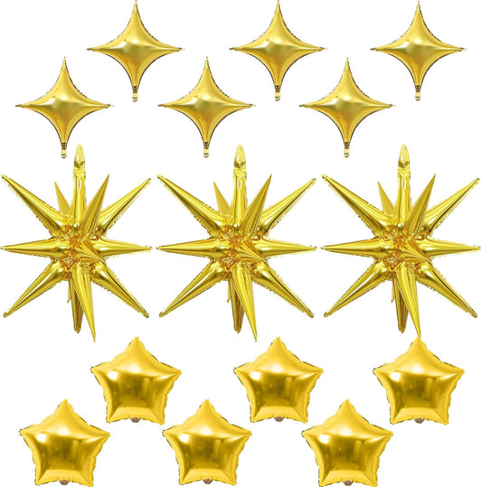Gold Star Balloons, 22in Large Star Balloons Foil 10in 4-Pointed & Gold Pentagram Balloon for Graduation New Year Retirement Wedding Anniversary Birthday Party Decorations