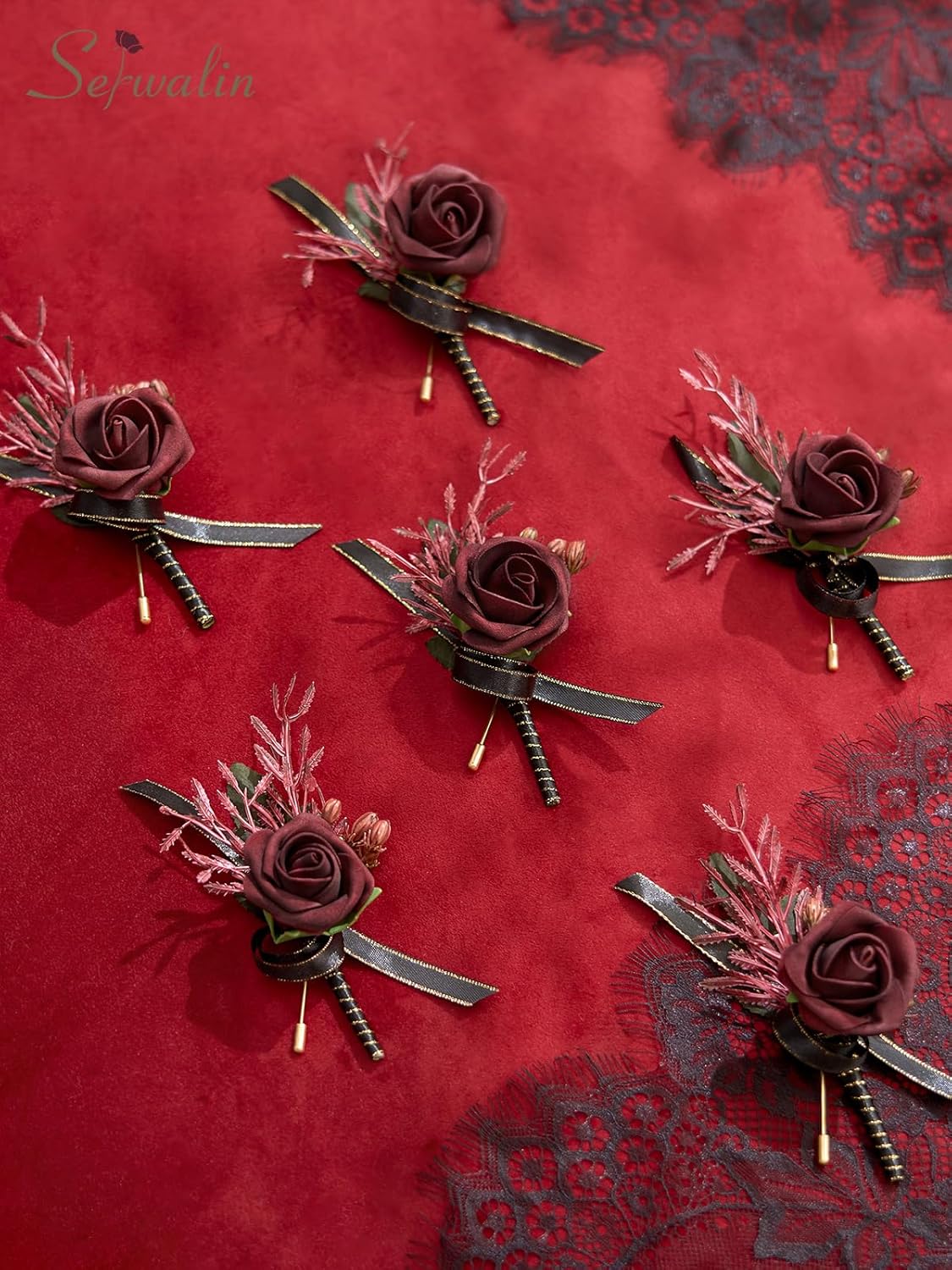 Serwalin 10Pcs Boutonniere for Men, Burgundy Groom and Best Man Boutonniere, Artificial Flowers for Wedding Decor Prom Homecoming Ceremony Anniversary Formal Dinner Party
