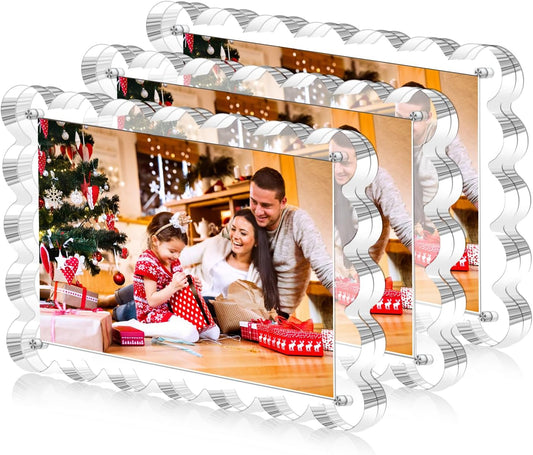 3 Pack Acrylic Picture Frame - 4x6 Magnetic Picture Frames, Double Sided Magnet Frames,10+10mm Thick Block, Clear Frameless Photo Scalloped Freestanding for Desktop Display