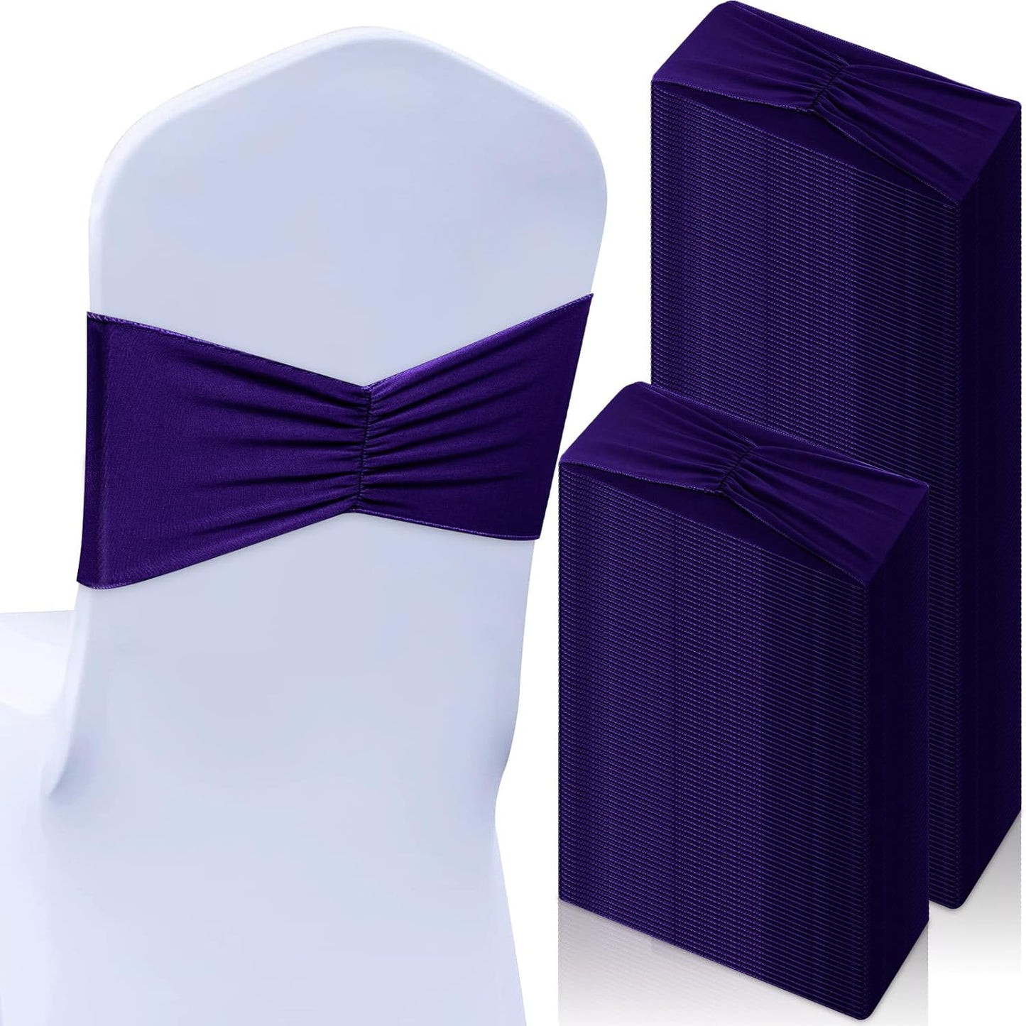 Moukeren 100 Pcs Spandex Chair Sashes Bows Bands Slider Sashes for Chair Covers Elastic Bands Ties Ribbon Decorations for Wedding Party Events Ceremony Birthday Banquet(Deep Purple)
