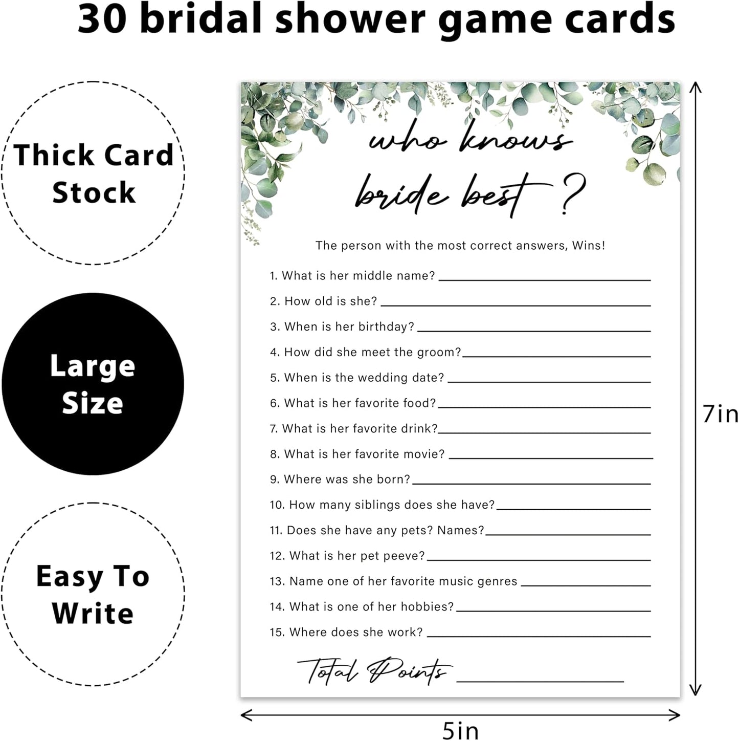 Eucalyptus Bridal Shower Game Cards - Who Knows Bride Best, Wedding Engagement Bachelorette Party Bridal Shower Games for 30 Guests, Double Sided Cards Set of 30, Activity Supplies & Favor/A11
