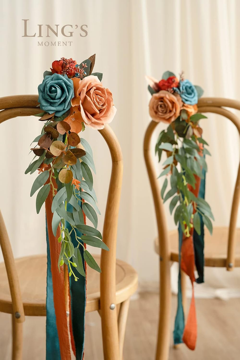 Ling's Moment 8pcs Wedding Artificial Aisle Pew Flowers Chair Decorations Arrangements with Chiffon Ribbons Burnt Orange for Ceremony Chair Back Floral Decor Reception Church Party Outdoor