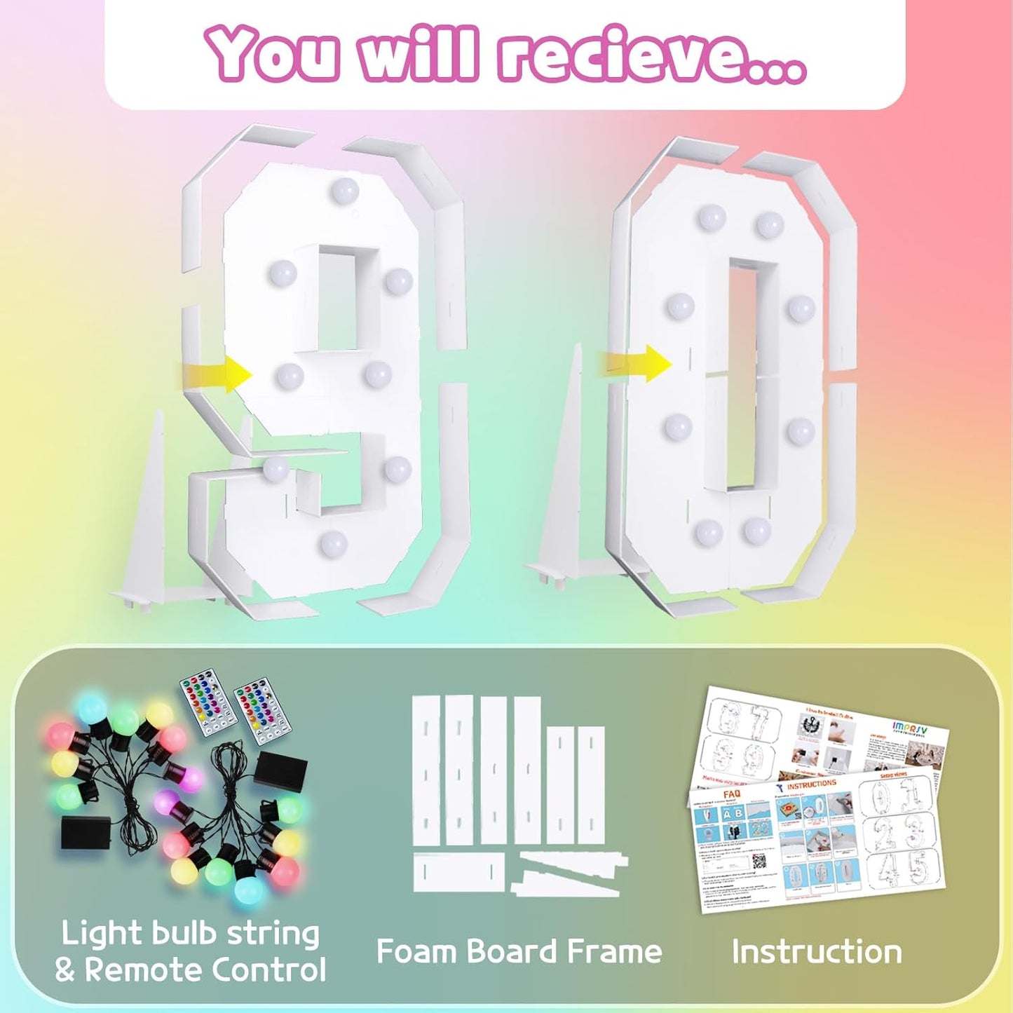 Marquee Numbers 90th-Birthday Decoration: Colorful 3FT Large Light Up 90 Year Old Birthday Decorations Anniversary Backdrop for Boys Girls Cardboard Sign 18 Colors Number 90 Mosaic Balloon Frame