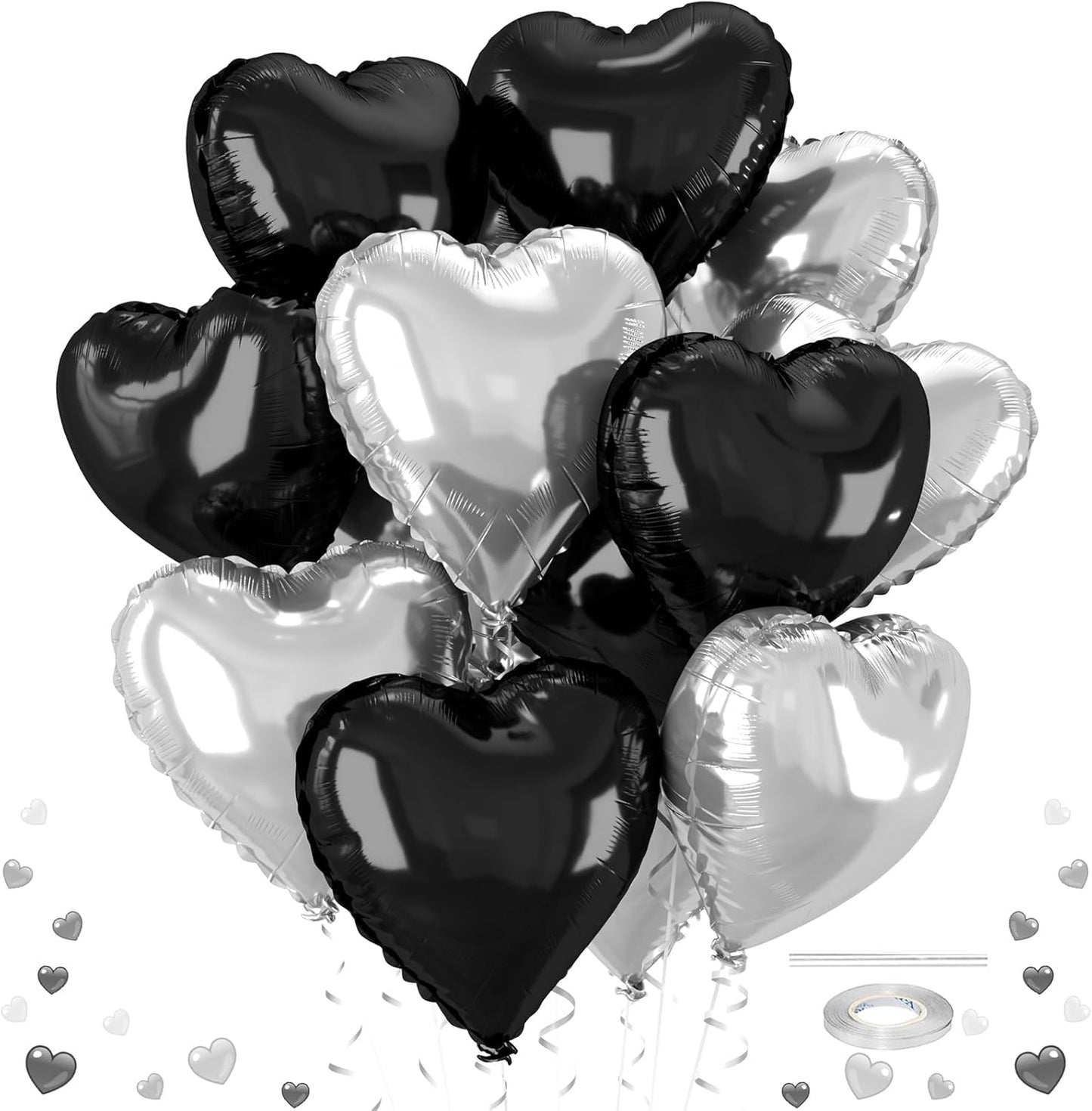 12 Pcs Heart Balloons, 18 inch Black Silver Heart Shaped Balloon, Big Helium Foil Black Silver Balloons for Wedding Baby Shower Anniversary Backdrop Valentine Party Decoration
