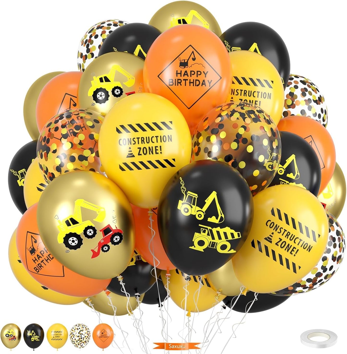 Construction Balloons, 12 Inch Gold Black Yellow Orange Confetti Balloons for Boy Baby Shower Construction Themed Birthday Truck Party Graduation Supplies