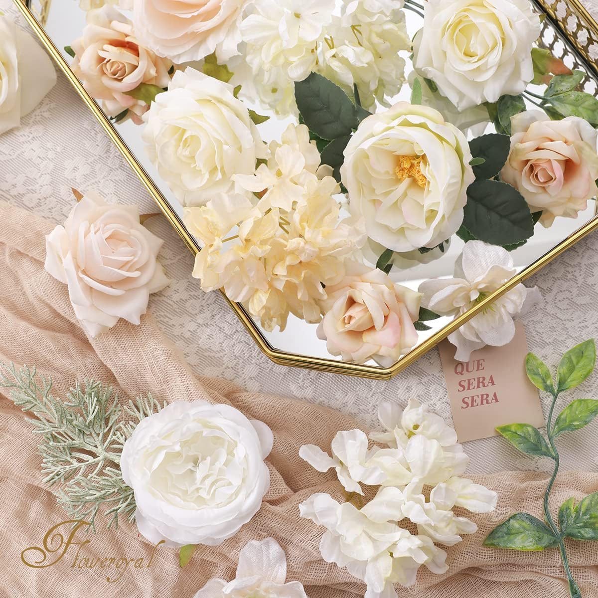 Floweroyal Artificial Flowers Combo White Flowers Mix Silk Flowers Dahlia Roses with Stems for DIY Wedding Bridal Bouquets, Baby Shower, Floral Arrangement, Table Centerpieces, Home Decorations.