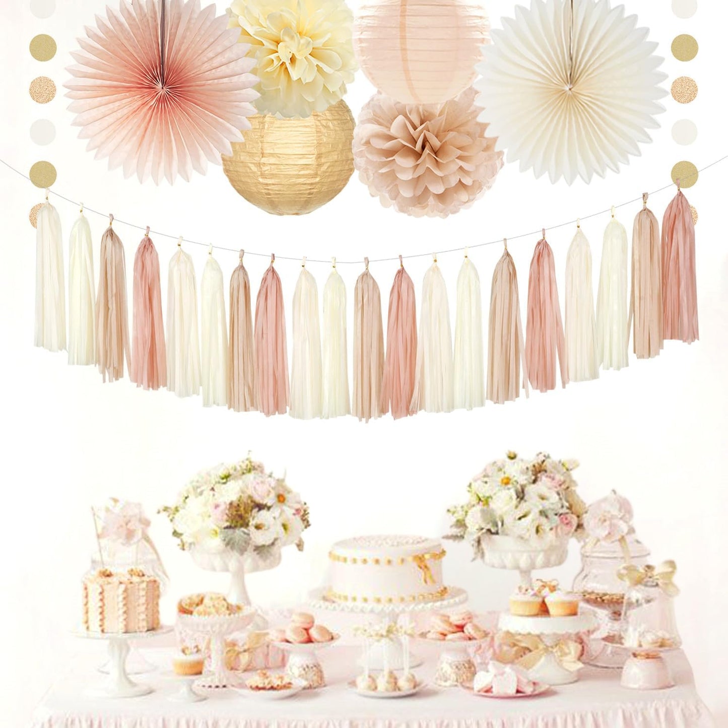Champagne-Gold Beige 21st Happy-Birthday Party-Decorations - 31pcs Sweet 16 18th Women Girls Paper Lanterns Streamers Banner,Tissue Pom Poms Fans Tassels Graland Decor,Fall Boho Rose Backdrop Hugmoon