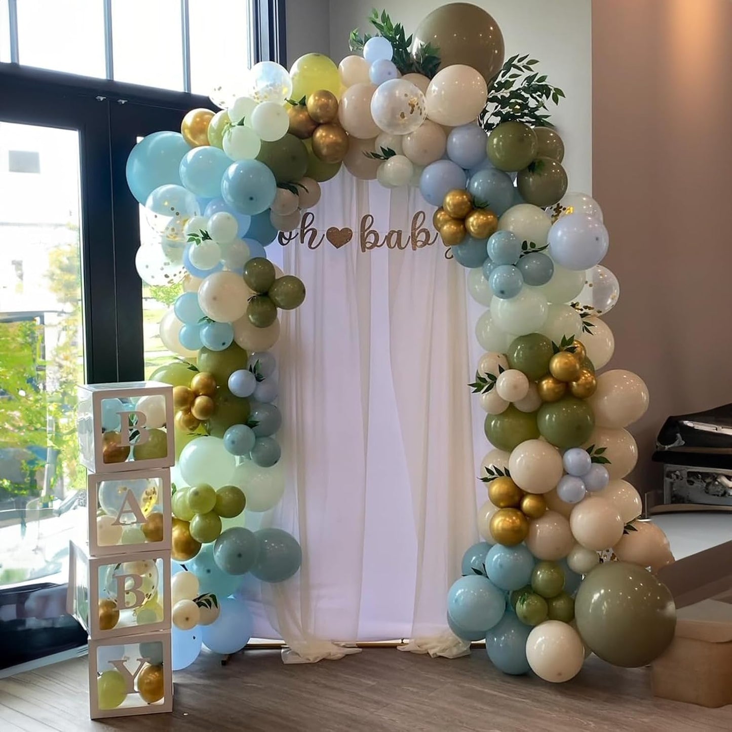 Dusty Blue Green Balloons, 60 Pcs 12 Inch Haze Fog Blue Sage Green Balloons with Sand White Metallic Gold Balloon for Boho Baby Shower Wedding Birthday Engagement Bridal Shower Party Decoration