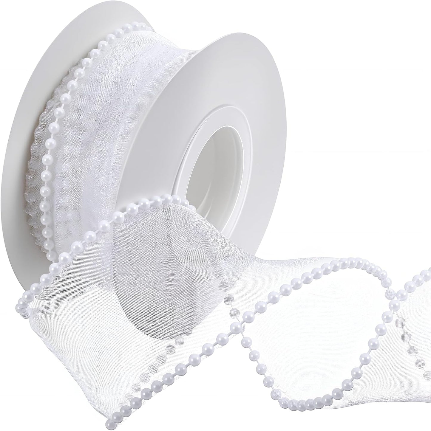 1.5 Inch Faux Pearl Ribbon, Smooth White Ribbon with Pearl Edges Wire, 4.5m Sheer Mesh Ribbons for Gift Wrapping, Bows Bouquet Decor Crafts, Wedding Bridal Decorations