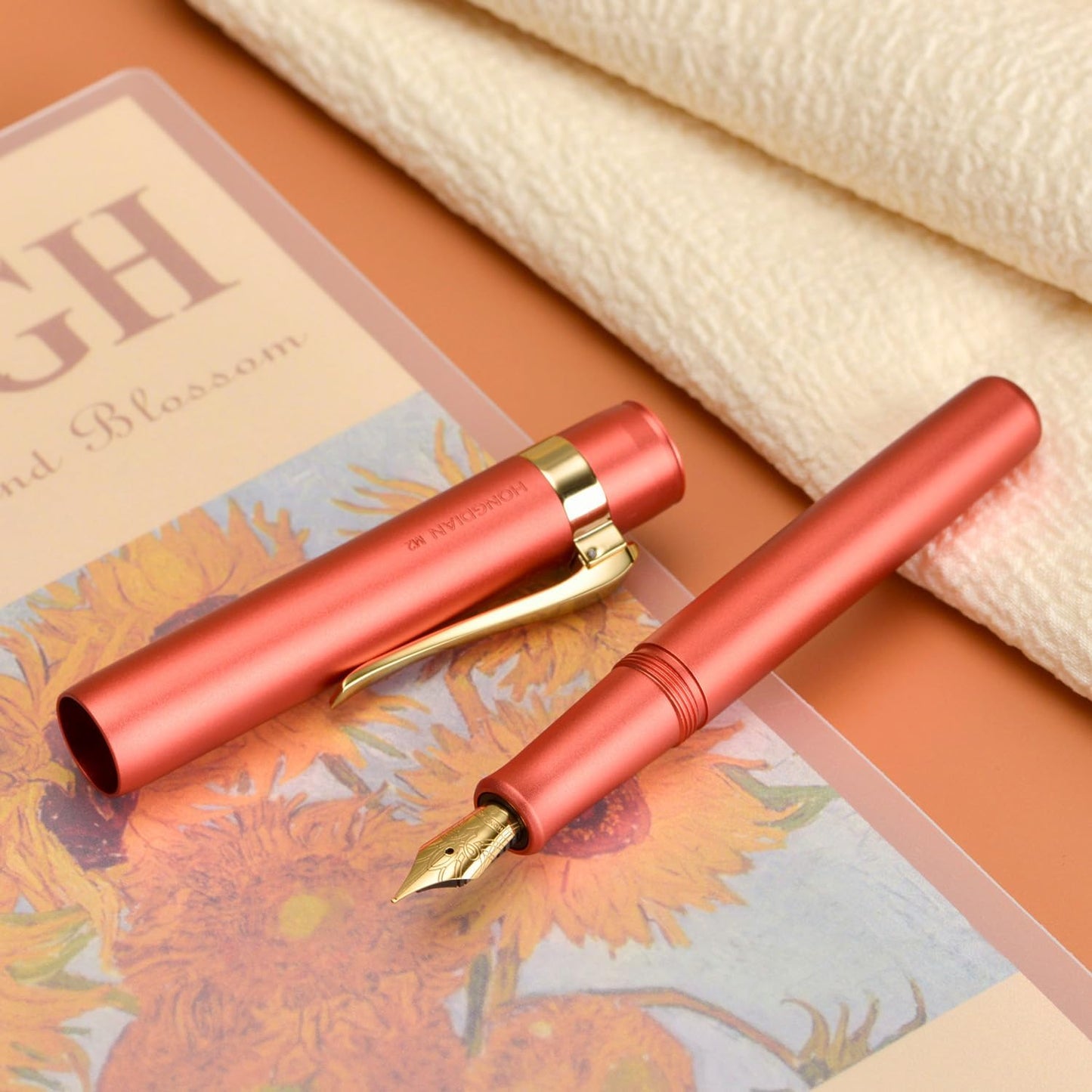 Hongdian M2 Mini Fountain Pen with Extra Fine Soft Golden Nib, Sleek Shape Aluminium Short Pocket Travel Pen (Orange Red)