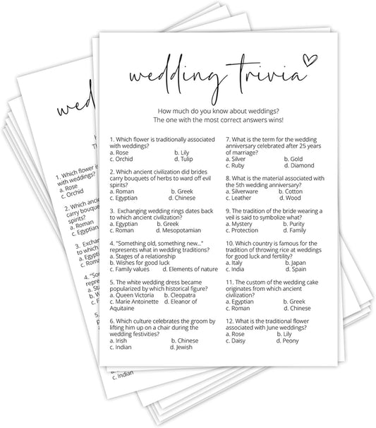 Bridal Shower Games, Wedding Trivia, 25Pcs Minimalist White Double-Sided Bridal Game Cards with 1 Answer Key, Wedding Shower Games for Guests, Engagement Bachelorette Party Supplies - A08