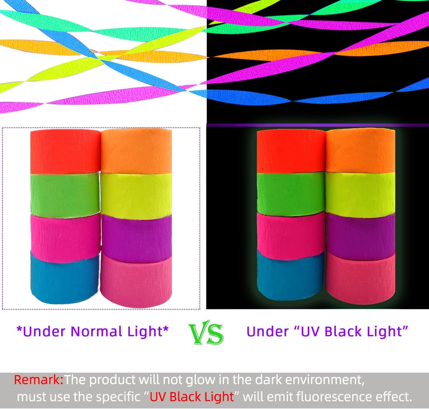 888 Feet Neon Glow Streamer Decorations - UV Reactive Fluorescent Neon Paper Streamers for Glow in The Dark Parties