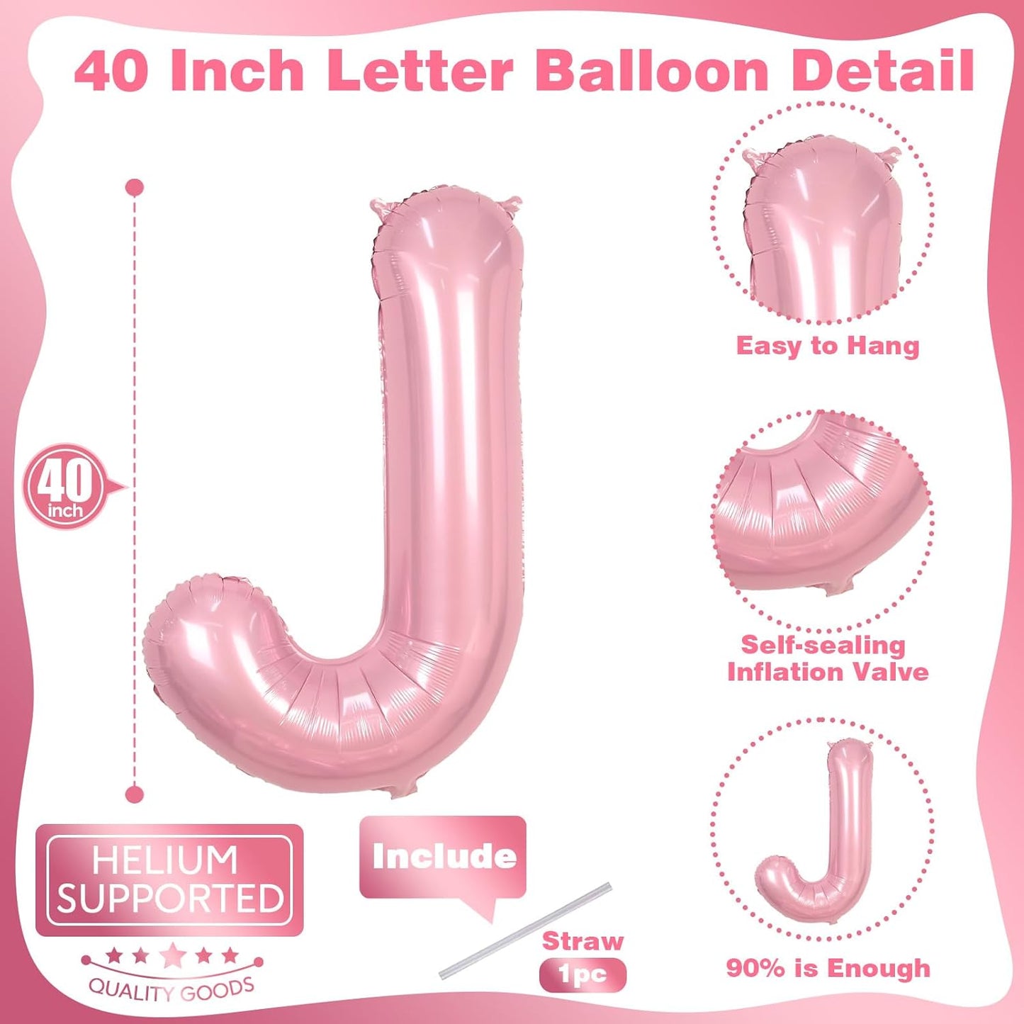 Pastel Pink Balloon Letter J, Large Mylar Alphabet J Custom Balloon Letter Pearl Pink Decor, 40 Inch Inflatable Light Pink Letter J Foil Customize Balloons for Girls Birthday Party Decoration Supplies