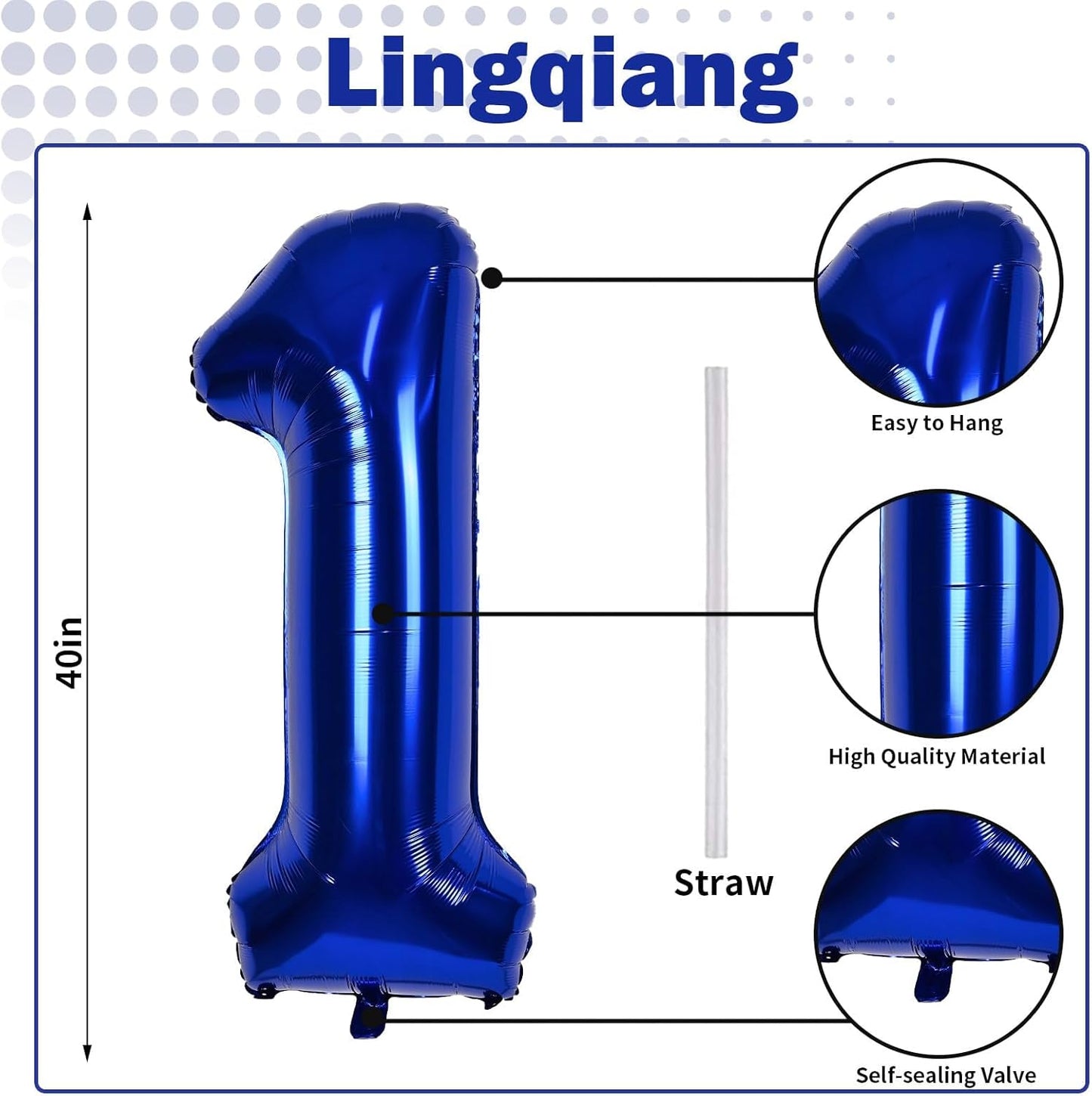 Navy Blue Number 1 Balloons, 40 In Large Dark Blue Number 1 Foil Helium Balloons for Men, Self Inflating Royal Blue Number Balloons 0-9 for Boys 1st 10th Birthday Anniversary Party Decoration