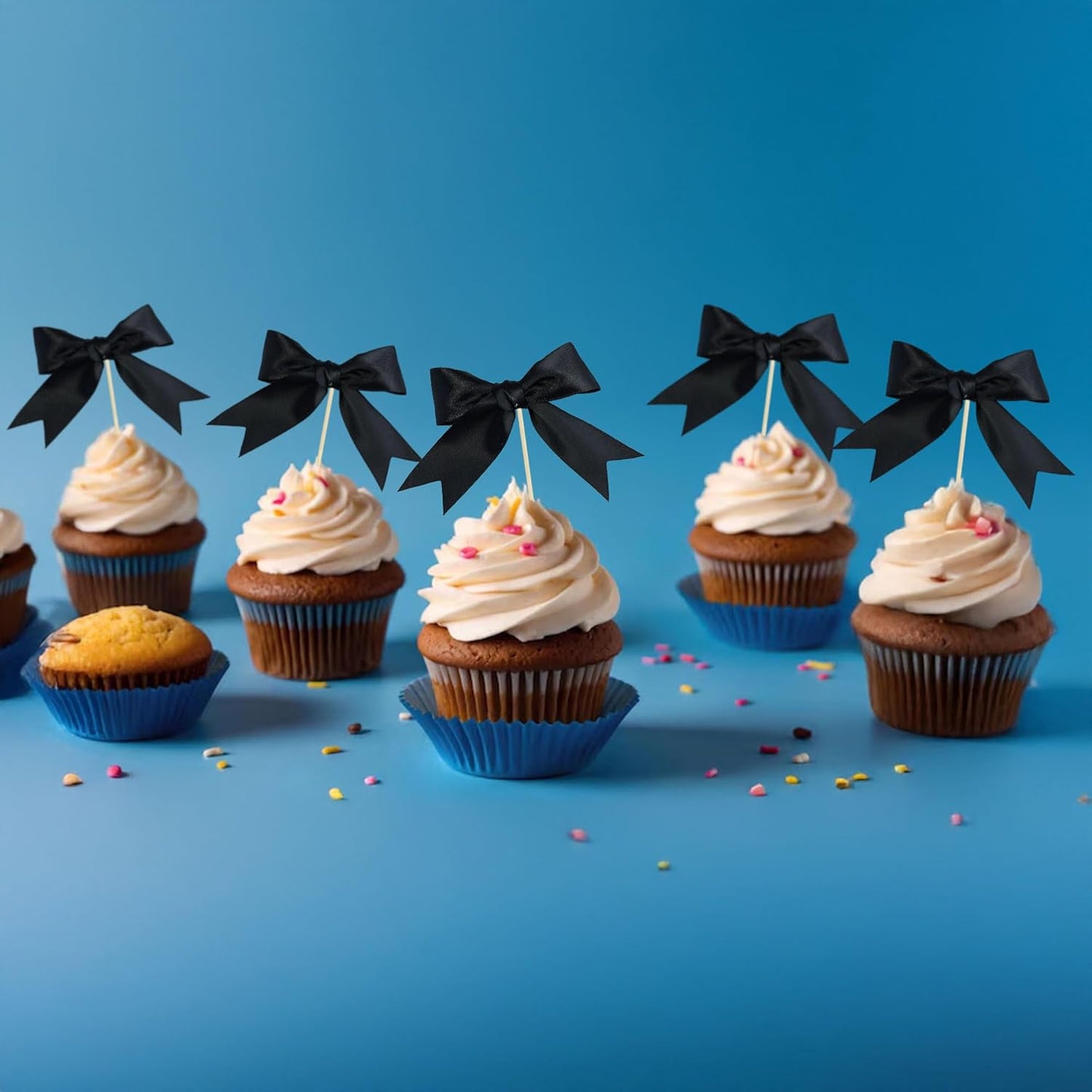 Gyufise 24Pcs Bow Cupcake Toppers Coquette Bow Girls Birthday Cake Decorations Bowknot Cake Toppers Bowknot Cupcake Picks for Baby Shower Birthday Wedding Bridal Engagement Party Supplies Black