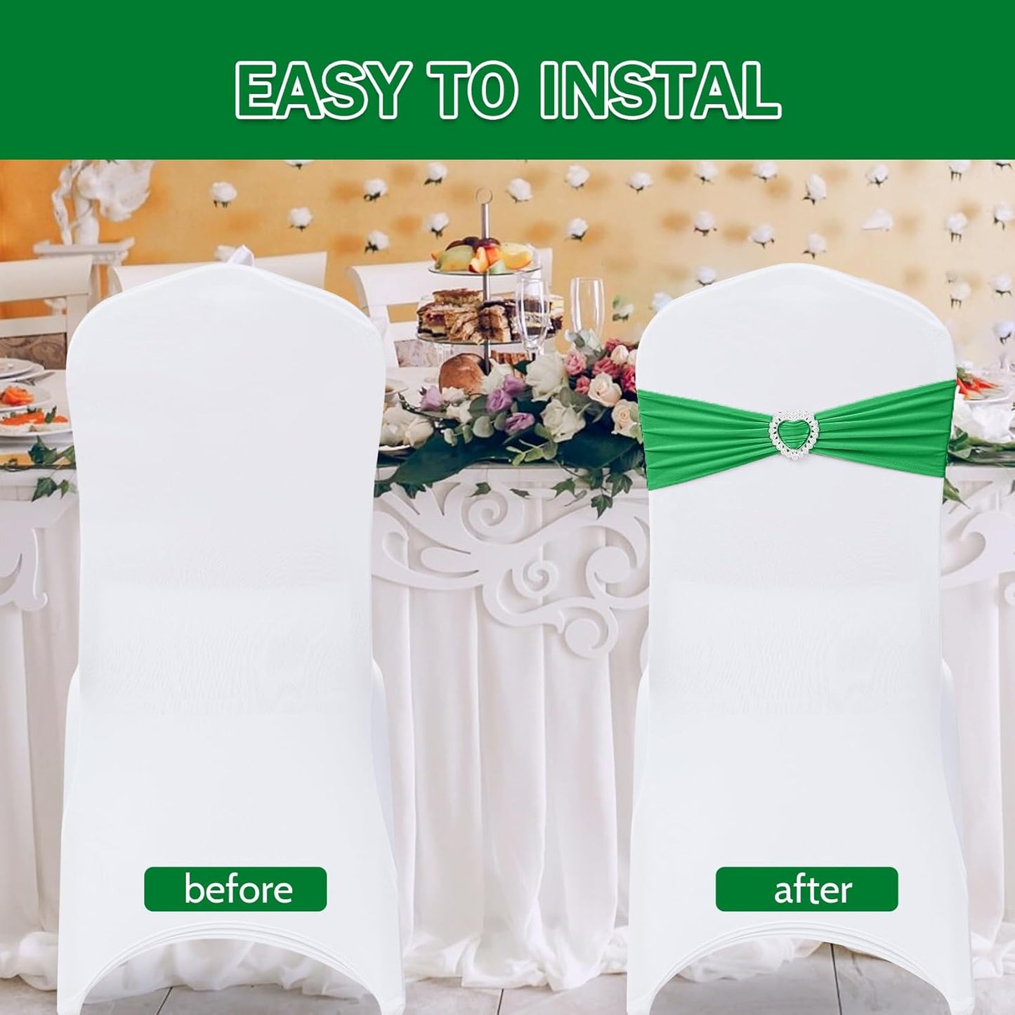 Howhic Pack of 60 Spandex Chair Sashes Bows Stretch Chair Cover Band with Buckle Slider Universal Elastic Chair Ties for Wedding Banquet Party Event Decoration (Emerald)
