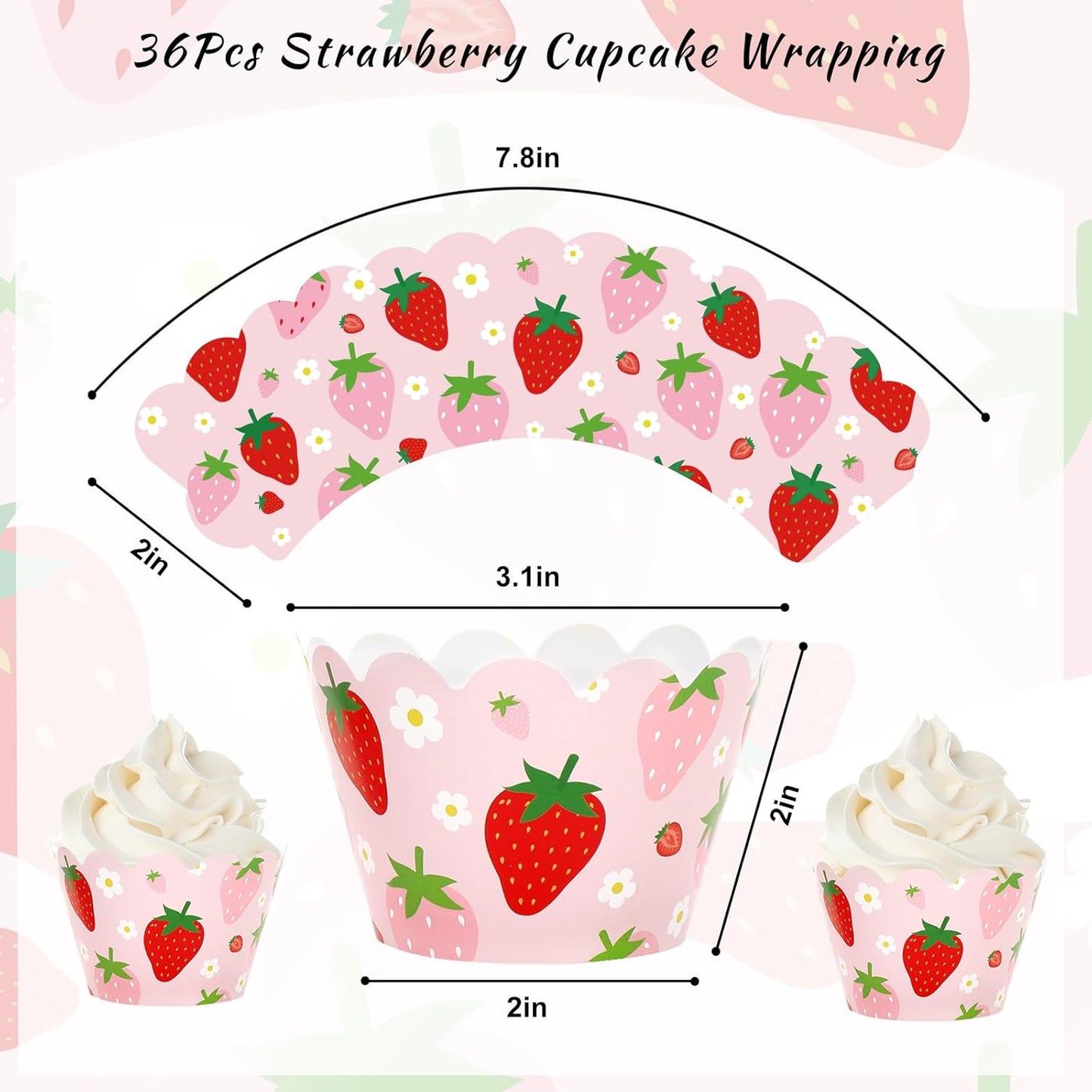 Whaline 36Pcs Strawberry Cupcake Wrappers Red Pink Strawberry Flower Cupcake Liners Decorative Cupcake Holders for Birthday Baby Shower Party Cake Decoration