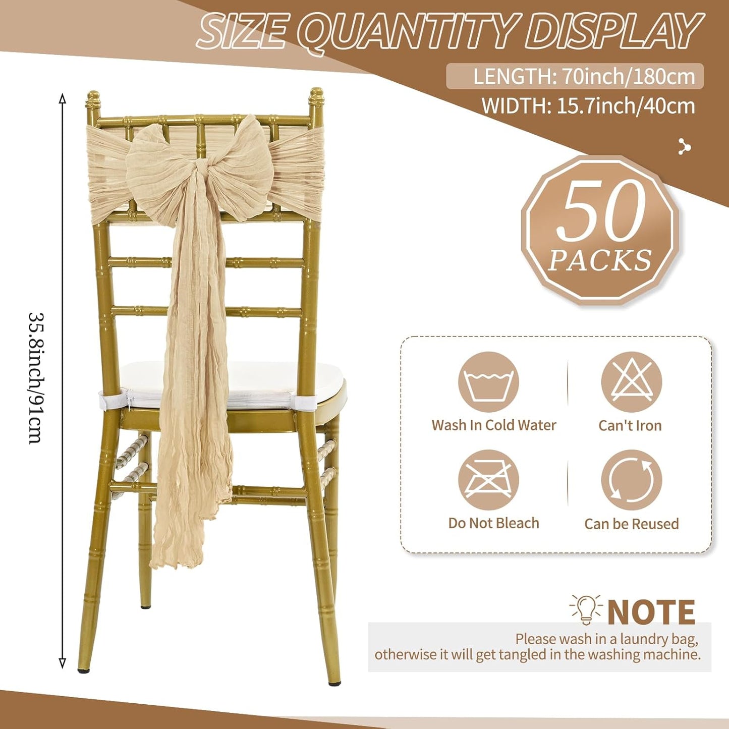 50 PCS Cheesecloth Chair Sashes Bows Wedding Aisle Decorations Chair Ribbon Ties Back Sash for Wedding Party Events Banquet Chair Cover Decoration (Beige)