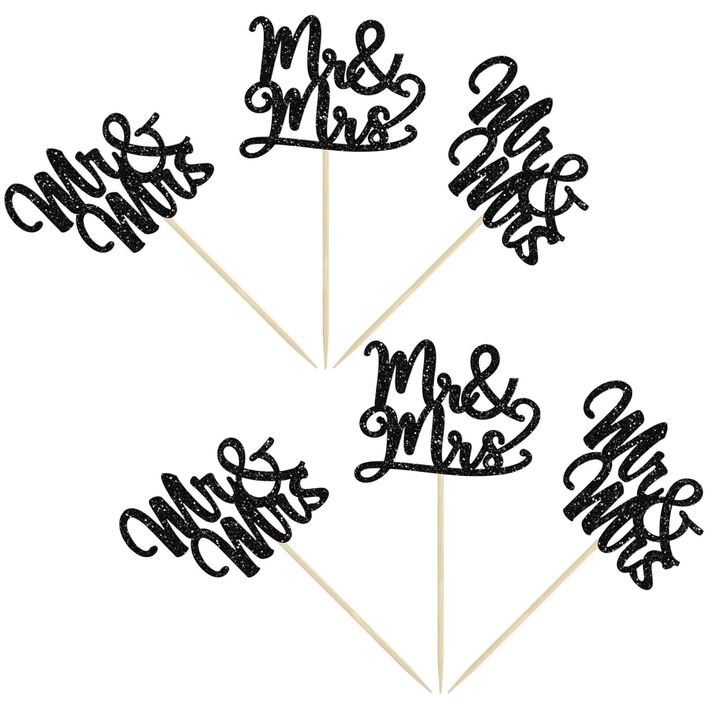 Gyufise 36Pcs Mr & Mrs Cupcake Toppers Glitter Bridal Shower Cupcake Picks for Wedding Engagement Theme Party Cake Decorations Supplies Black