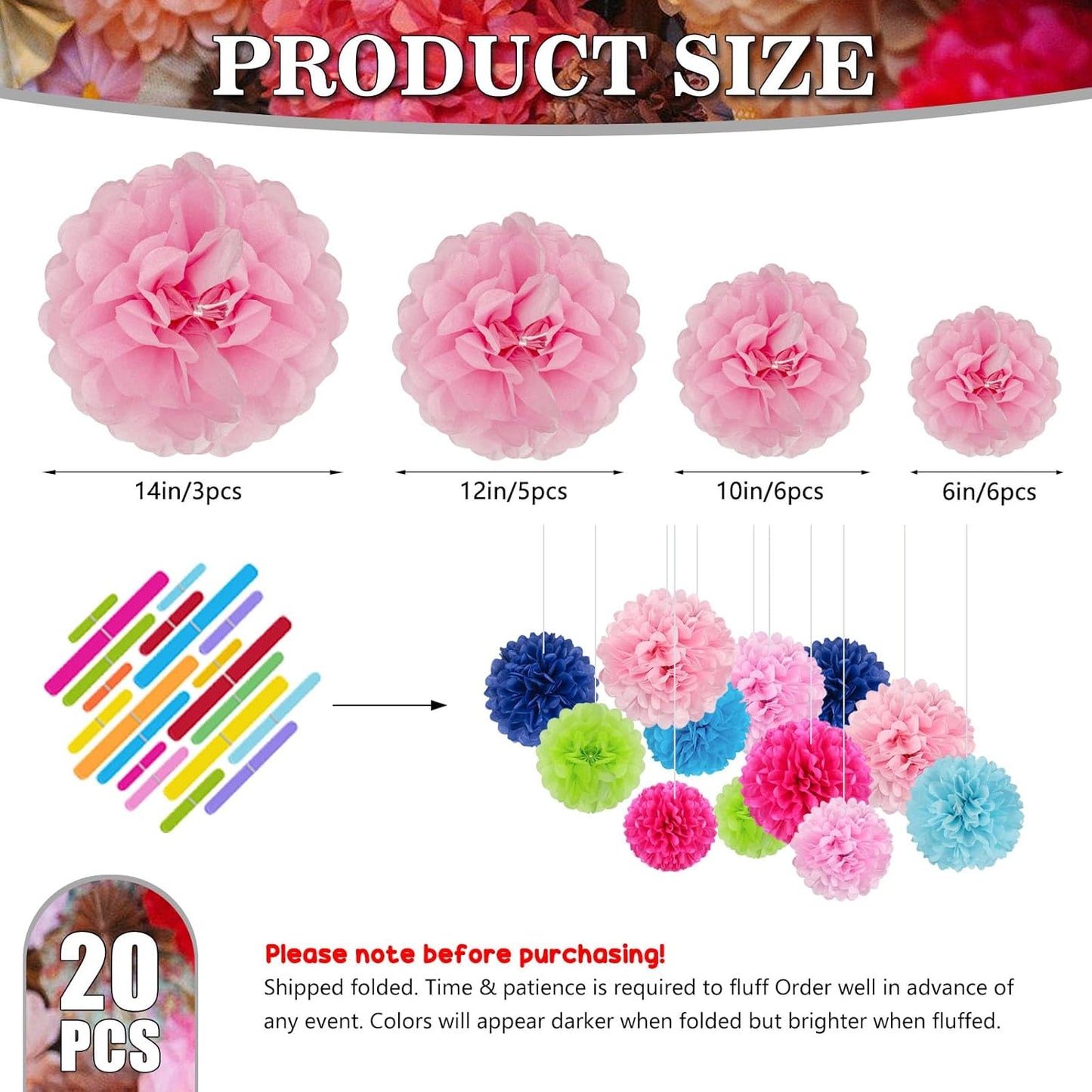 Tissue Paper Pom Poms, Pink Tissue Paper Flowers, Hanging Flower Balls for Weddings Fiesta Parties Birthday Baby Showers Classroom Bridal Shower Decoration (20Piece Set-6/10/12/14Inch)