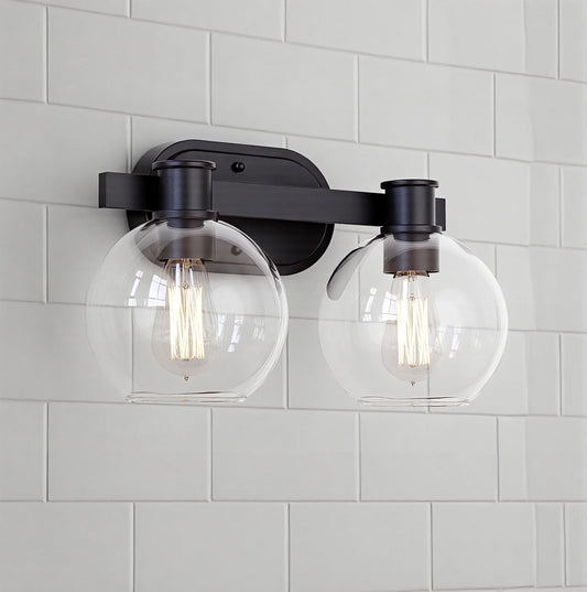Dan Modern Farmhouse 2-Light Vanity Light Wall Sconce Lighting with Clear Glass Globe Shade in Light Black Finish for Bedroom, Hallway, Kitchen