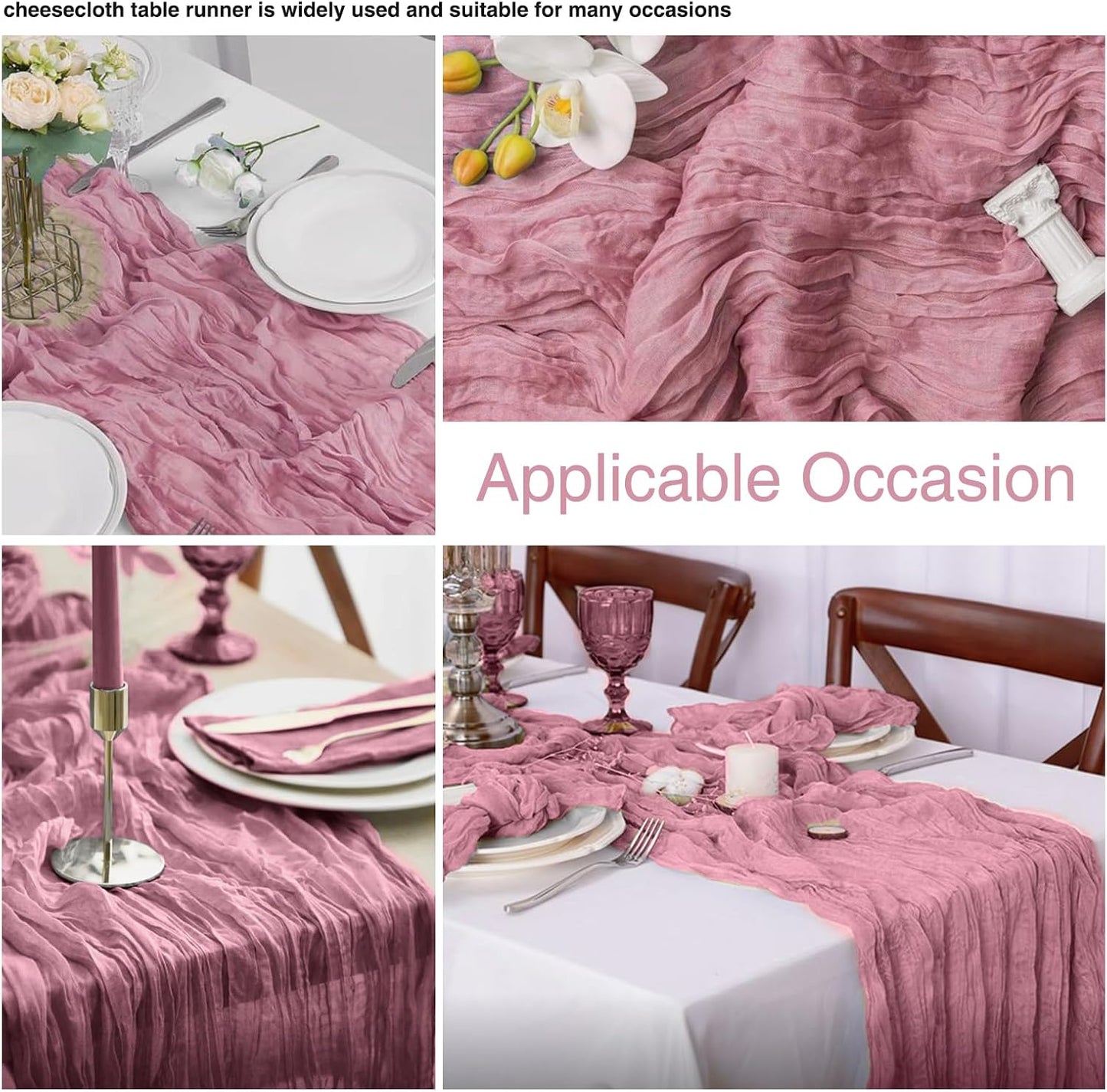 12 Pack Dusty Rose 10 Ft Cheesecloth Table Runner 20x120 Inch Boho Wrinkled Sheer Romantic Gauze Decor for Wedding, Bridal Shower, Birthday Party