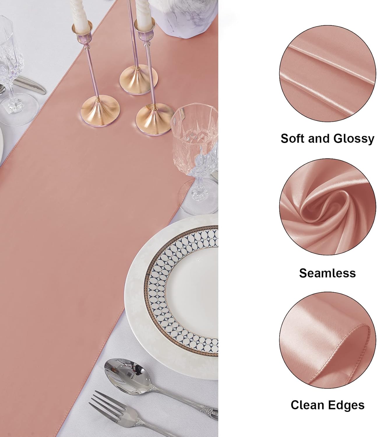 24Pack Table Runner 12 x 108 Inches Satin Silk Table Runner for Wedding, Birthday Party, Banquets, Graduations Decoration, fit Rectange and Round Table-Rose Gold