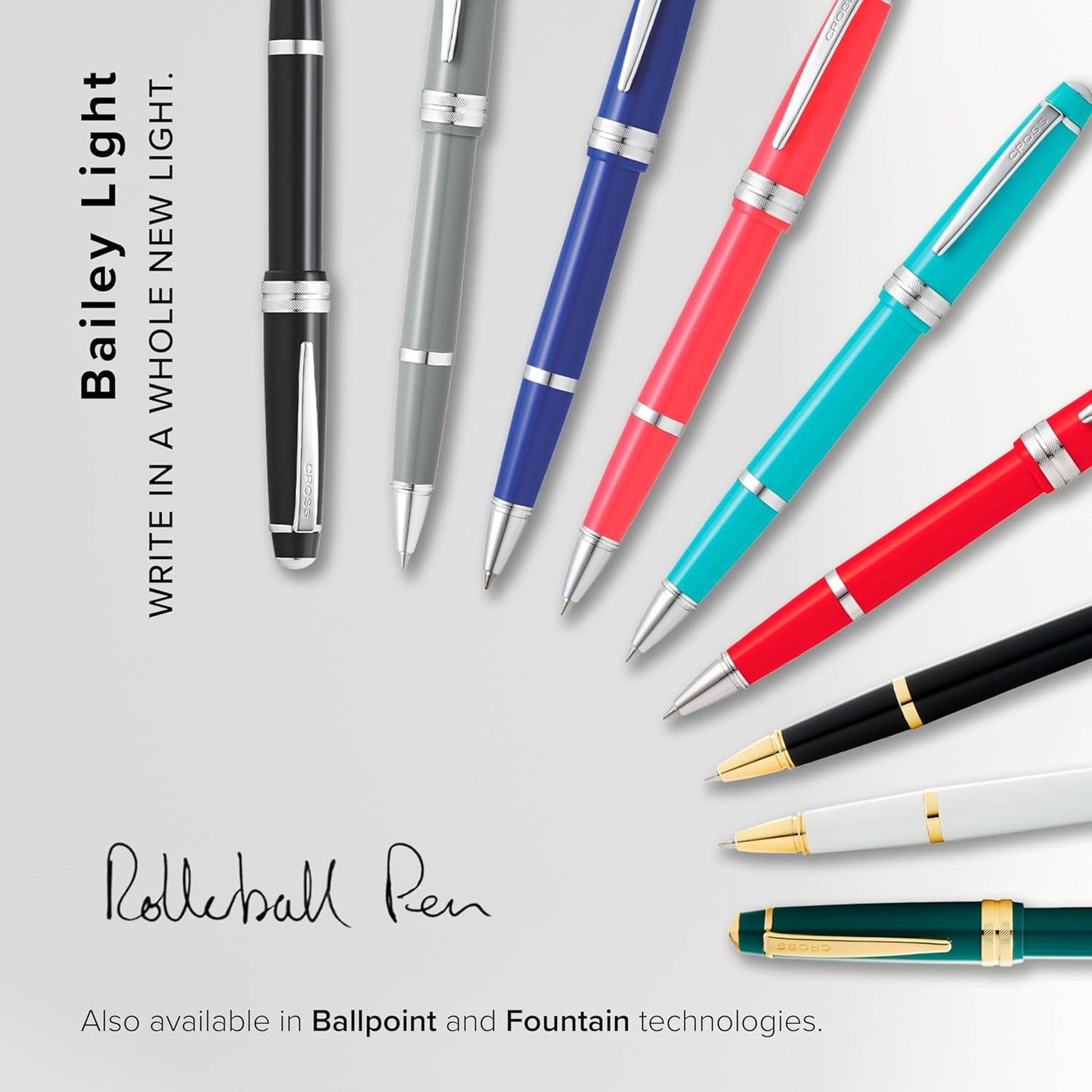 Cross Bailey Light Refillable Rollerball Pen Presented in a Everyday Gift Box - Medium Point, Black Ink, Polished Black