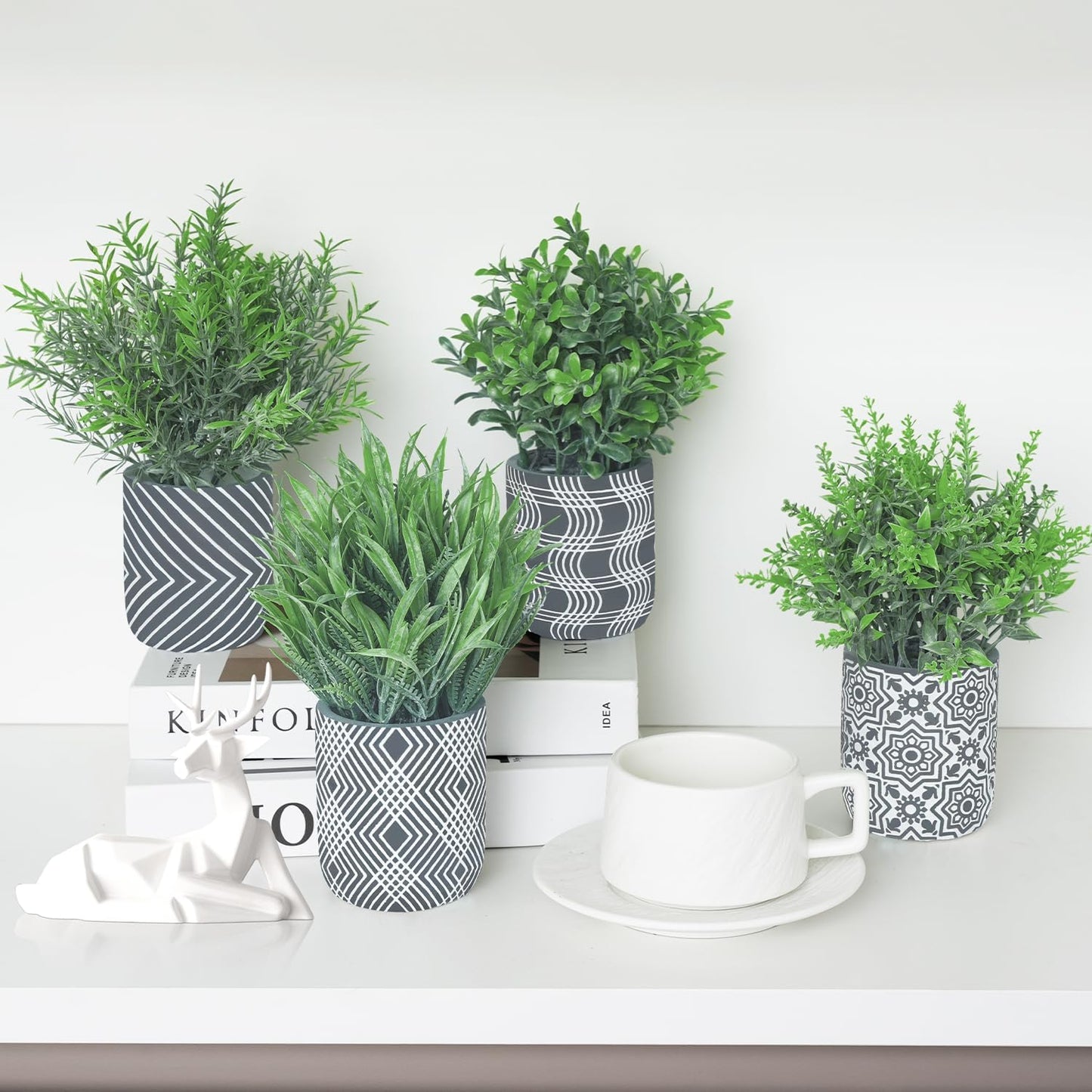 4 Pack Small Fake Plants, Fake Grass Plant, Artificial Boxwood & Rosemary, Lavender with Geometric Pattern Cement Pots, Small Potted Faux Greenery for Home Decor, Office, Indoor&Outdoor Decor