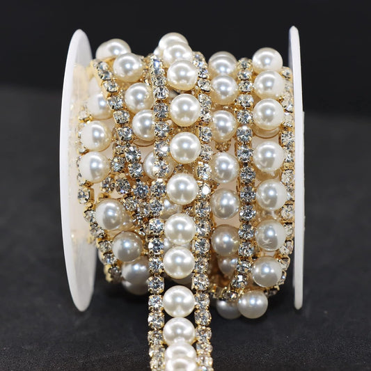 Jerler Rhinestone Trim Applique 1 Yard 2 Rows Crystal Chain Banding Diamond Inlaid White Pearl Beaded Rhinestones for Crafts Clothing and Bridal Embellishments Wedding Ideas Christmas Decorations