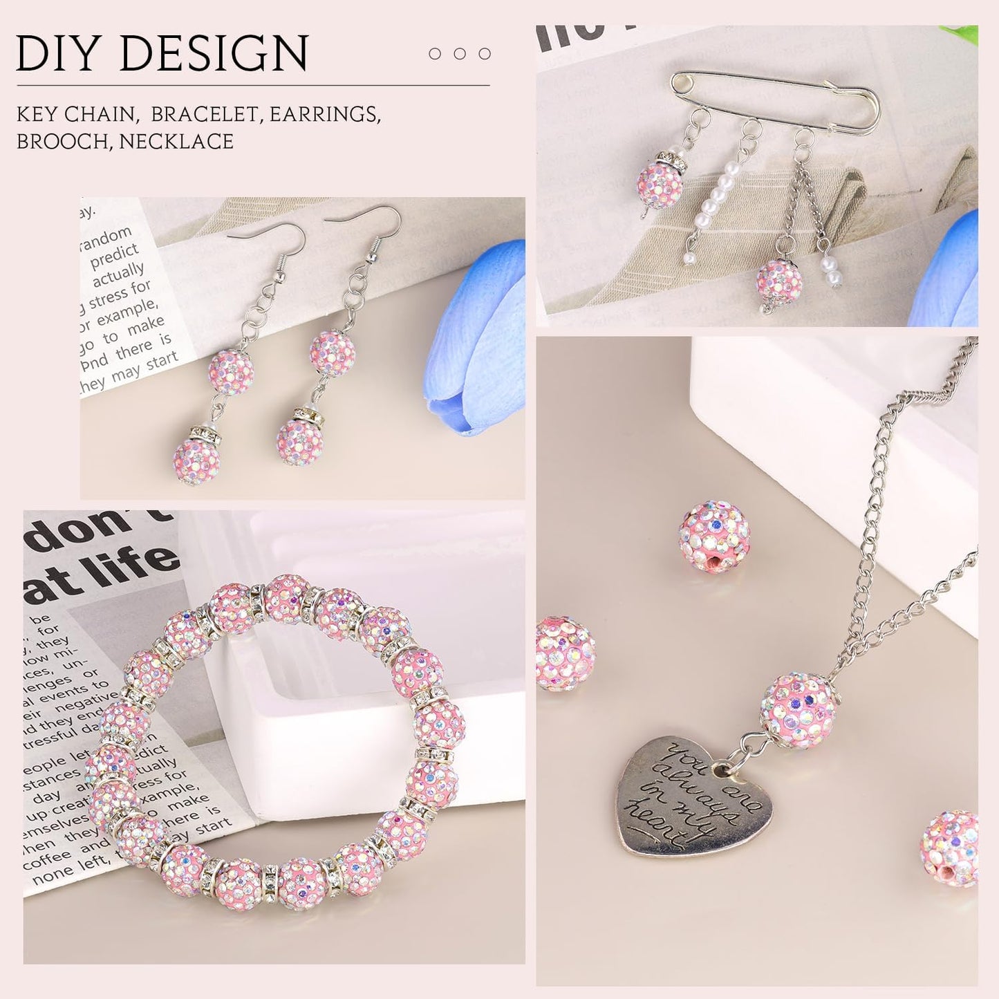 150pcs 10mm Rhinestone Beads for Jewelry Making, Pink AB Shiny Round Shamballa Disco Beads Bulk, Sparkle Crystal Clay Christmas for Bracelet Baseball Necklace Earring Crafting and DIY