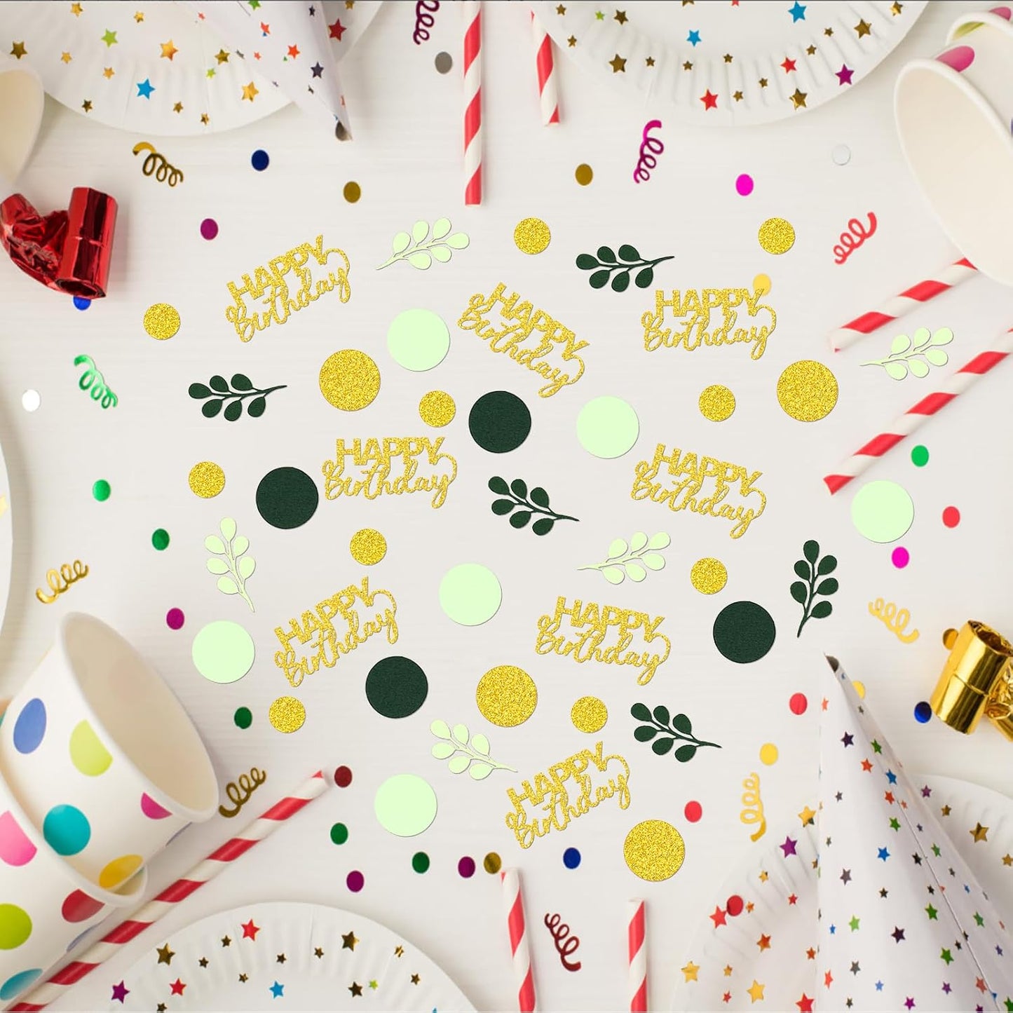 300PC Greenery Happy Birthday Confetti for Table Gold Glitter and Sage Green Birthday Party Decorations for Kids/Adult