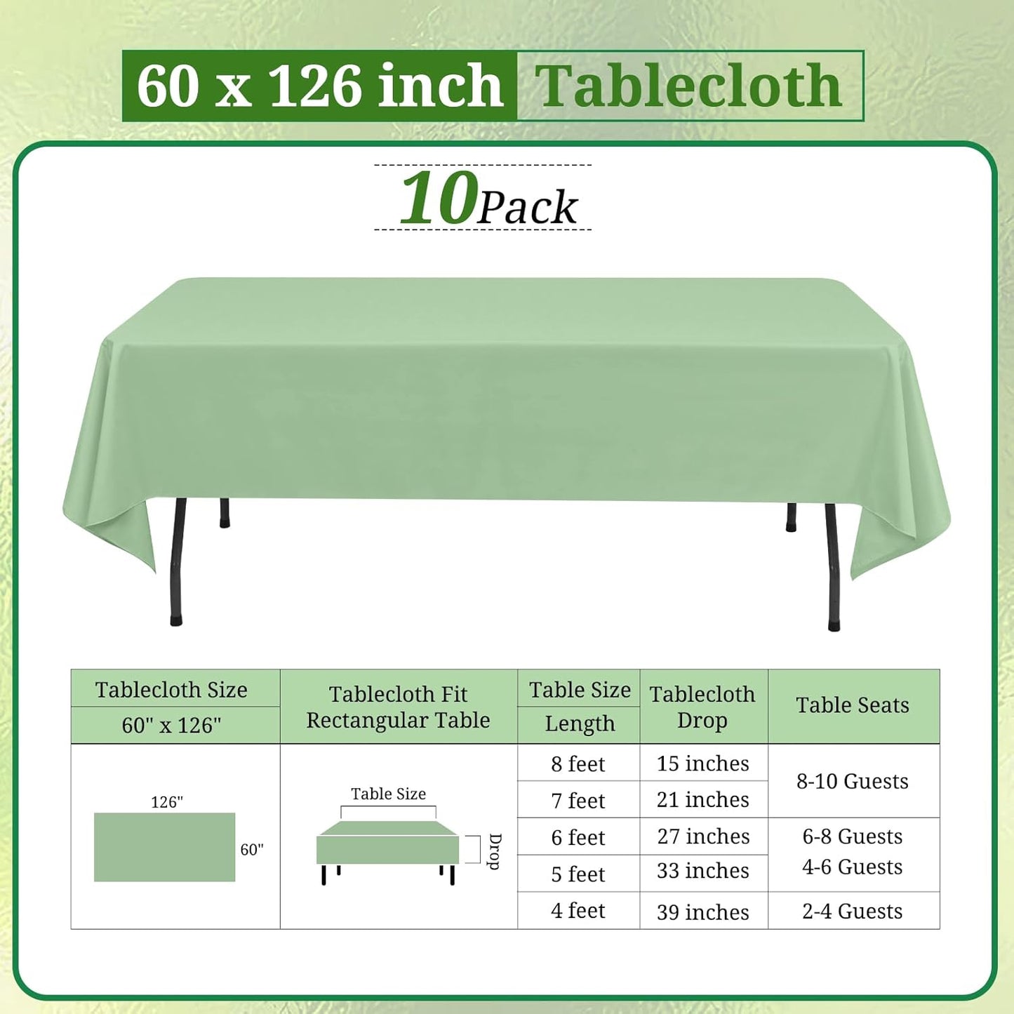 10 Pack Sage Green Rectangular Tablecloths, 60 x 126 Inch, Polyester, Wrinkle & Stain Resistant, Perfect for 8ft Tables, Wedding, Party, Banquet