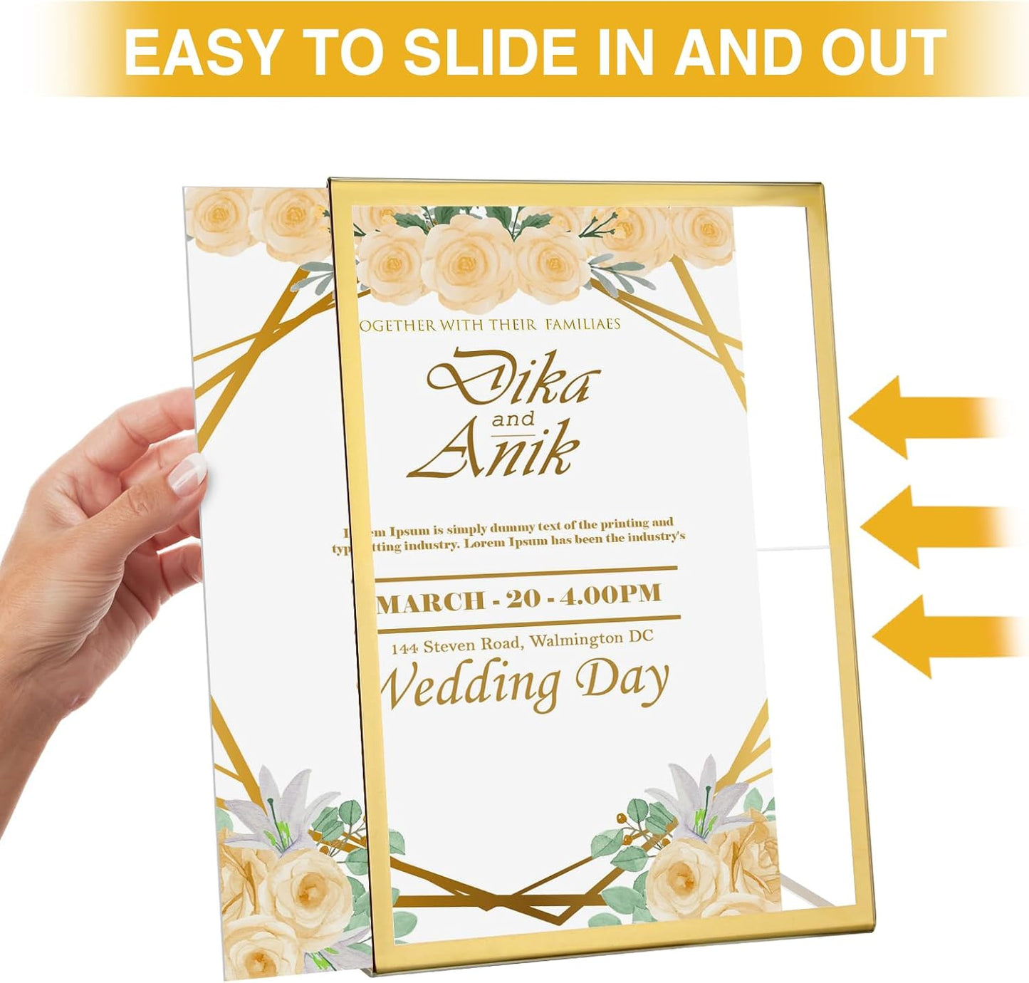 EHWINE 12 Pack Acrylic Sign Holder 8.5 x 11, Gold Picture Frame Stand up Table Top Sign Holders, Slanted Back Paper Holder Clear Display Stand Menu Flyer Holder for Wedding Party