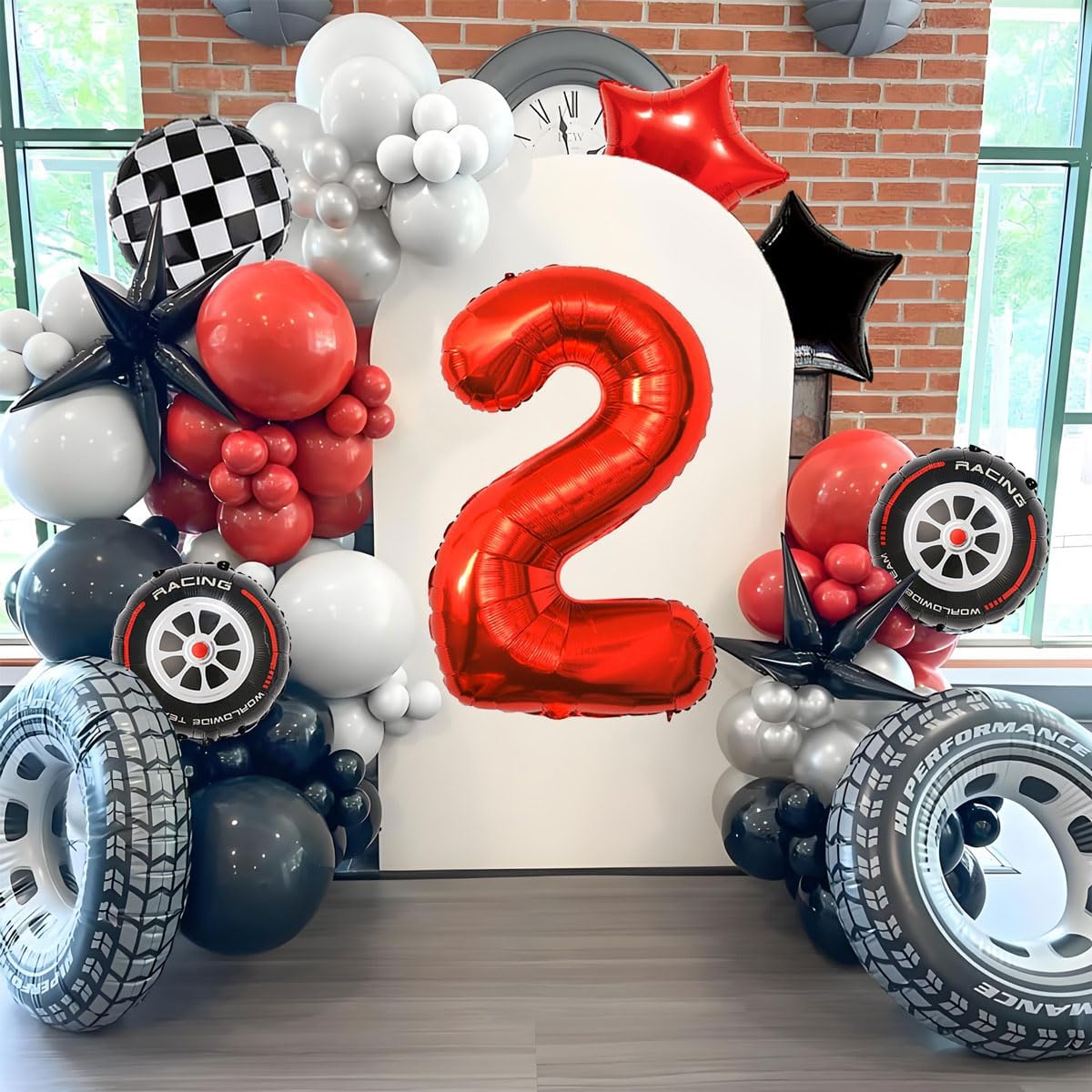 Race Car Birthday Decorations - 40 Inch Mylar Red Number 2 Balloons - Black Foil Checkered Race Car Balloons for 2st Birthday Race Cars Themed Party Decorations Supplies